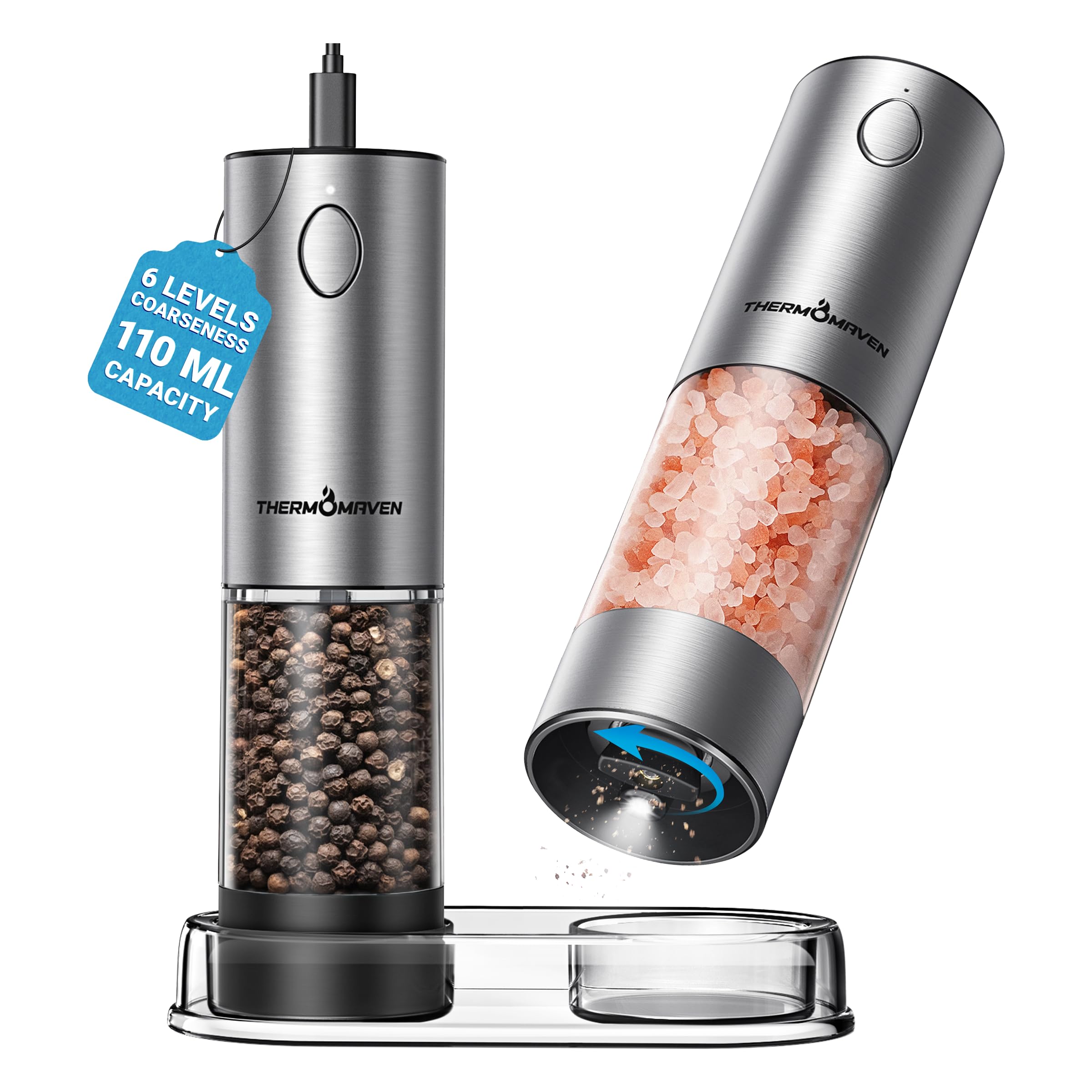 ThermoMaven Upgraded Larger Capacity Electric Salt and Pepper Grinder Set, 110ml Rechargeable Salt and Pepper Shaker with LED Light, Stainless Steel Automatic Pepper Mill with 6 Adjustable Coarseness