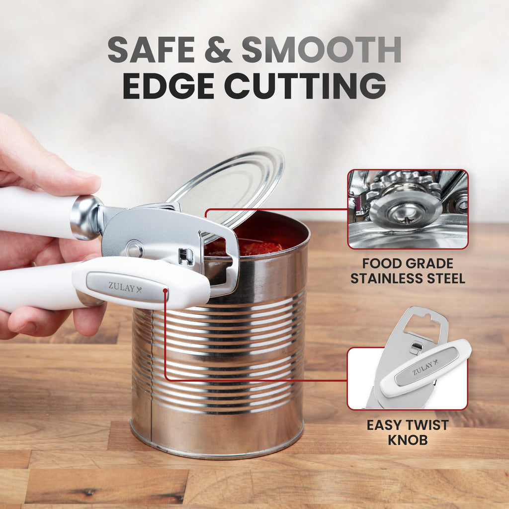 Zulay Kitchen COMFY™ Can Opener Manual with Bottle Opener - Rust Proof Stainless Steel Manual Can Opener With Turn Knob & Comfy Soft Grip Handles - Black