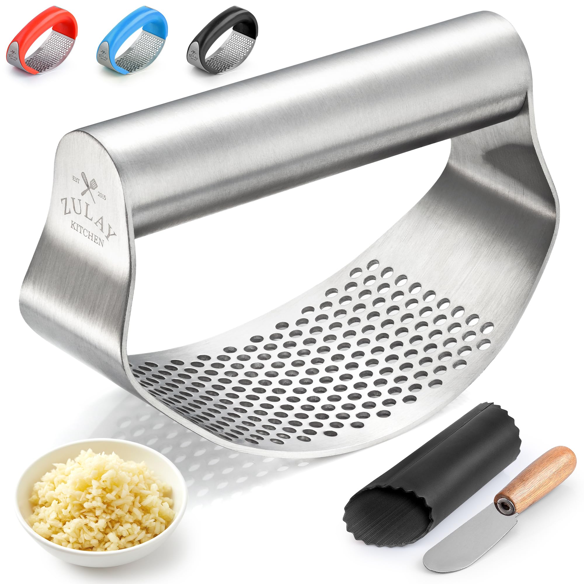 Zulay Kitchen Premium Garlic Press Set - Rust Proof Professional Garlic Mincer Tool - Easy-Squeeze, Easy-Clean with Soft, Ergonomic Handle - Silicone Garlic Peeler & Brush (Silver)