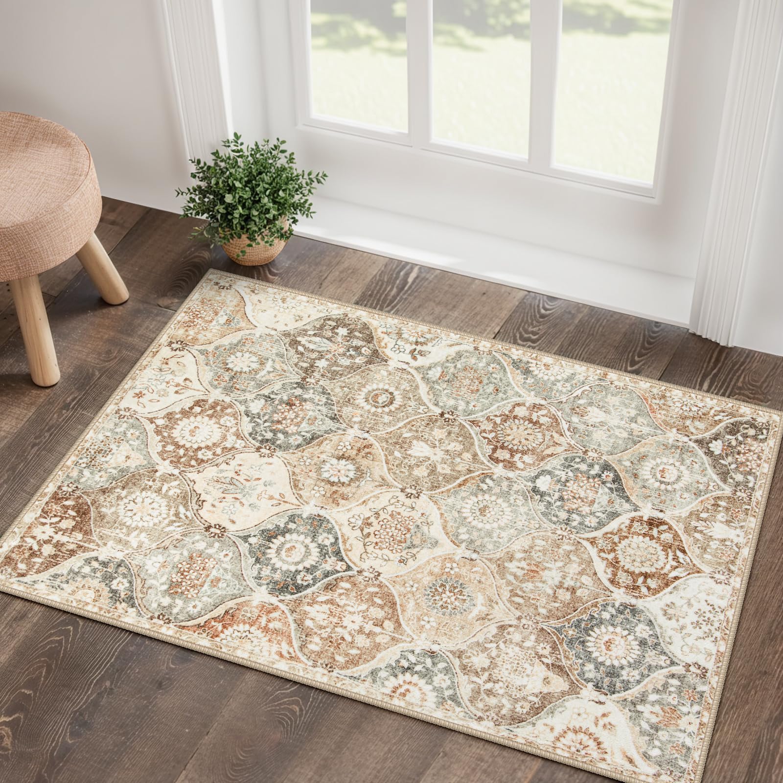 Lahome Moroccan Trellis Washable Rug, 2x3 Kitchen Rugs for Entryway Bathroom, Non-Slip Indoor Door Mat Ultra-Thin, Small Oriental Throw Carpet for Bedroom Entry Elise, Cream/Multi