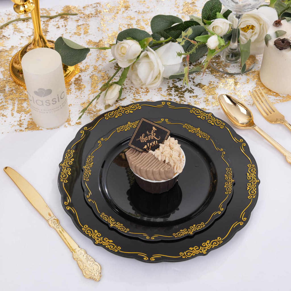 DaYammi 150Pcs Ivory Plastic Plates with Gold Rim,Disposable Plastic Plates Include 30 Dinner Plate,30 Salad Plate,30 Forks,30 Spoons,30 Knives,Ivory and Gold Plates for Party,Wedding,Mother's Day
