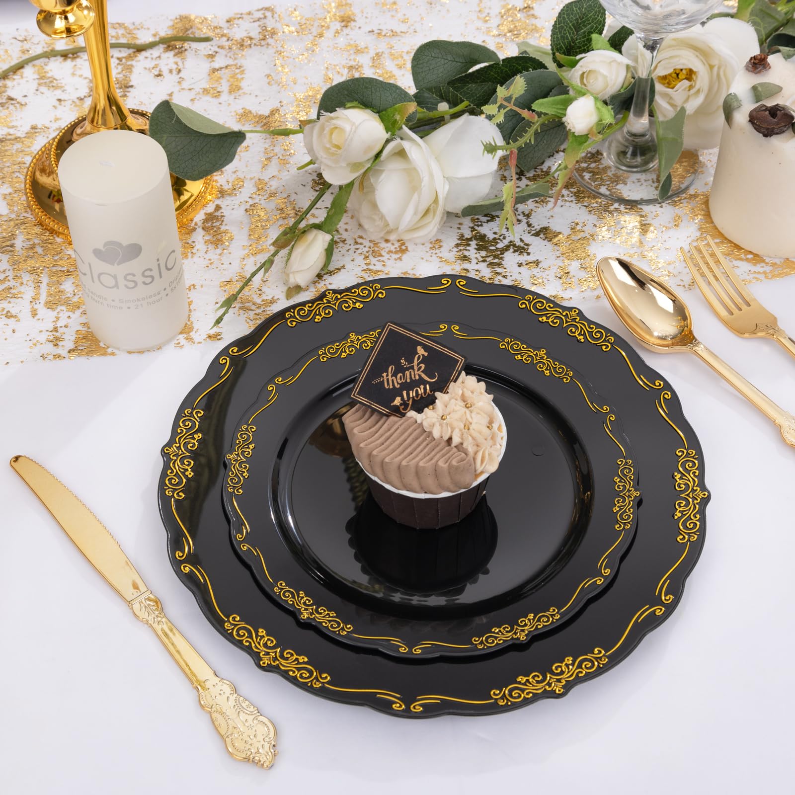 DaYammi 150Pcs Ivory Plastic Plates with Gold Rim,Disposable Plastic Plates Include 30 Dinner Plate,30 Salad Plate,30 Forks,30 Spoons,30 Knives,Ivory and Gold Plates for Party,Wedding,Mother's Day