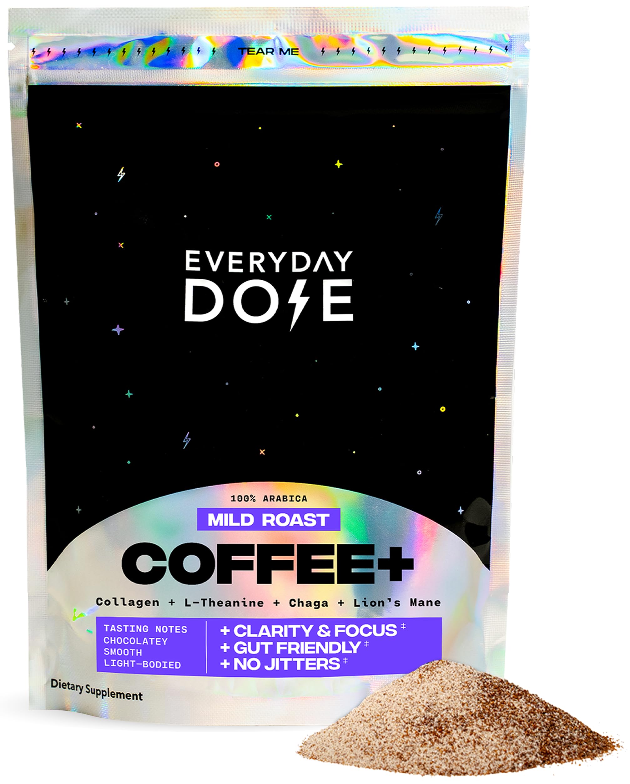 Everyday Dose Bold Medium Roast Mushroom Coffee 90mg Caffeine per serving with Grass-Fed Collagen, Chaga, Lions Mane & L-Theanine for Better Focus, Energy, Digestion, Skin, and Immunity 30 Servings
