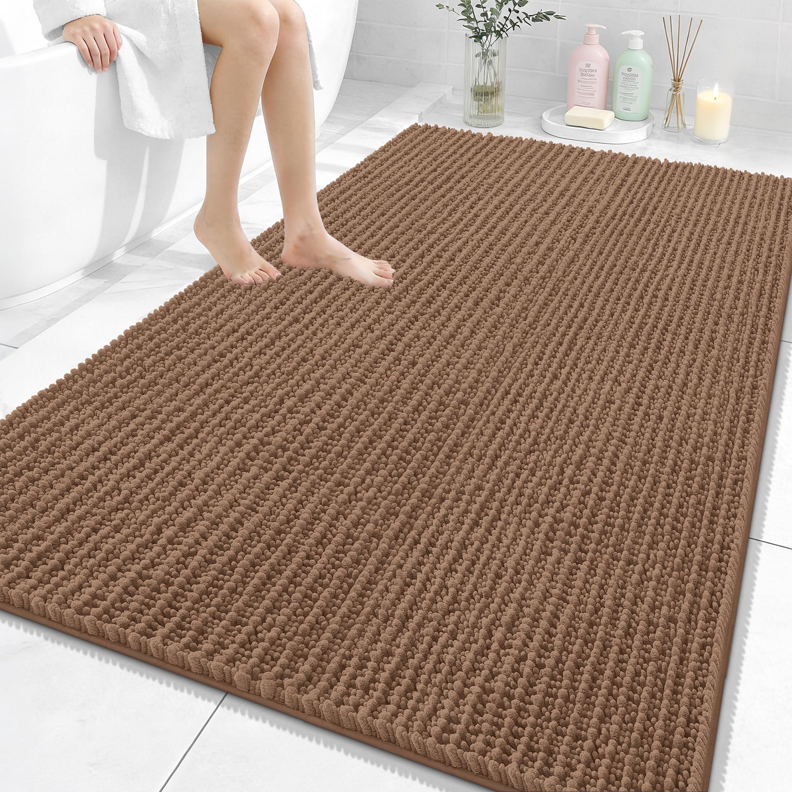 OLANLY Bathroom Rug Mat 30x20, Thick Soft and Absorbent Chenille Bath Mat, Non-Slip Rubber Backing, Machine Washable Quick Dry Bath Rugs for Tub Shower Floor, Home Decor Accessories, Grey