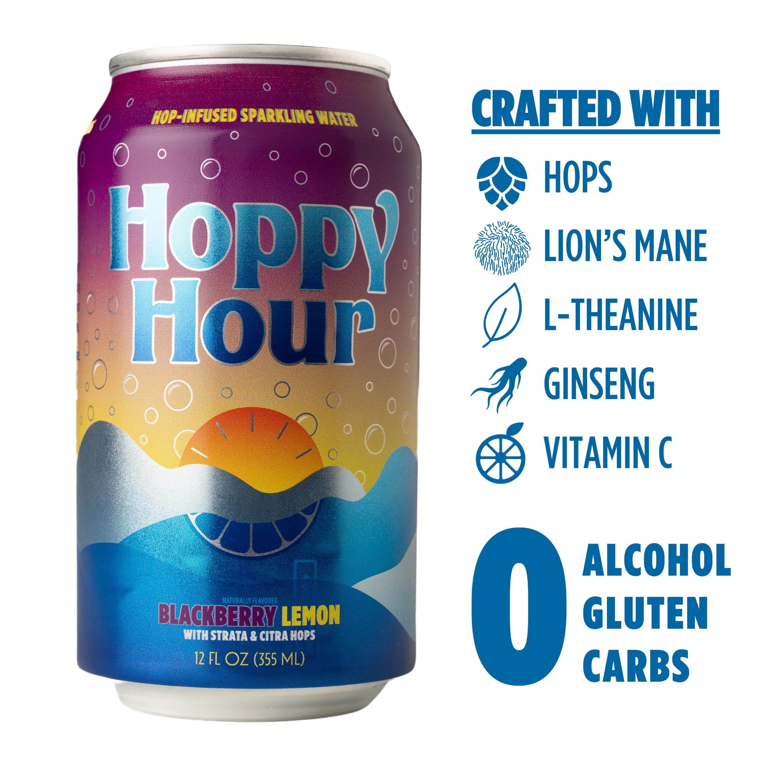 Hoppy Hour Sparkling Hop Water, Non-Alcoholic and Adaptogens Drink, Zero Sugar and Calories, Refreshing Original Citrus Flavor, 12 oz Cans (12-Pack)