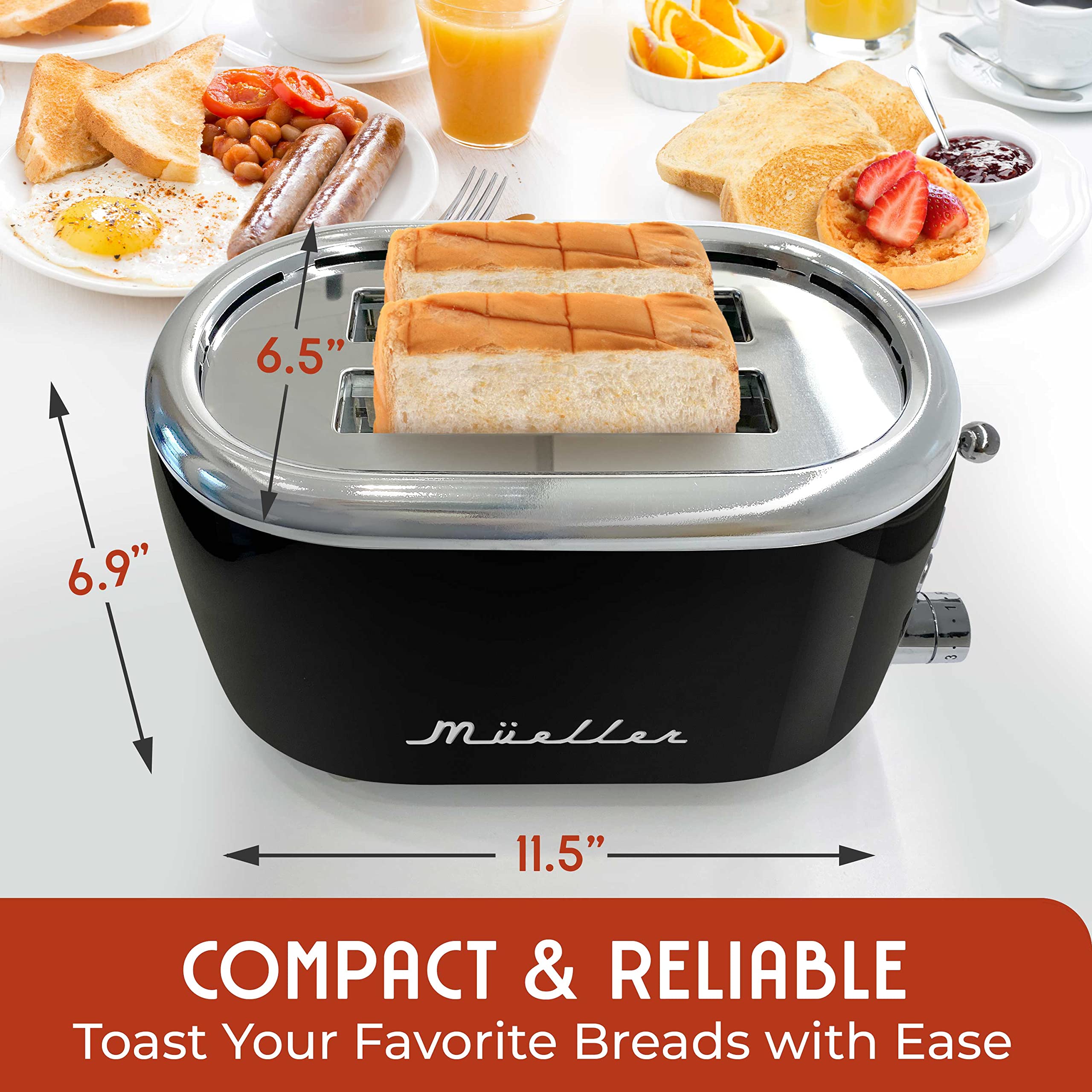 MUELLER HOME Retro Toaster 2 Slice, 7 Browning Levels, 3 Functions (Reheat, Defrost, Cancel), Stainless Steel Features, Removable Crumb Tray, Under Base Cord Storage, Turquoise