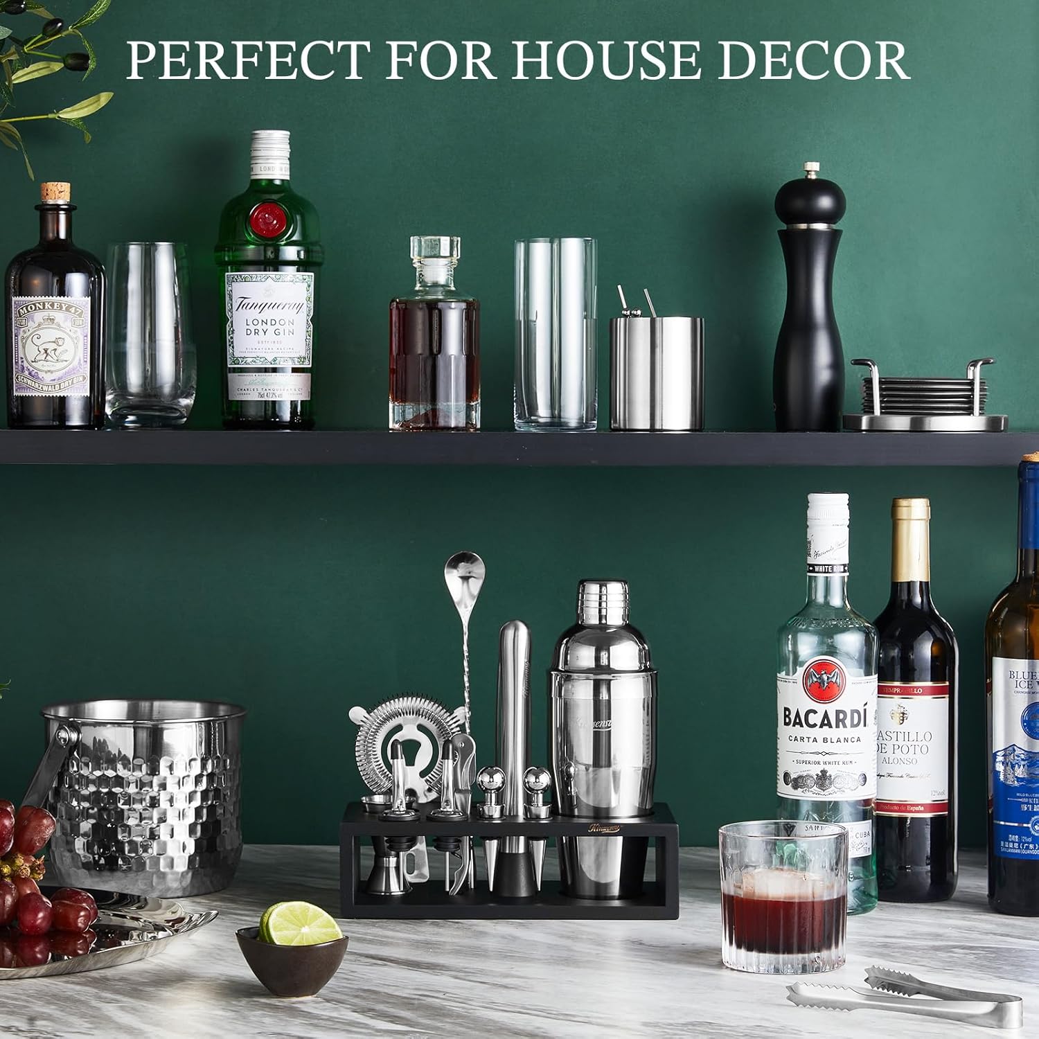 KITESSENSU Cocktail Shaker Set with Stand | Mixology Bartender Kit Bar Set with Essential Bar Accessories for Home Bar: Martini Shaker, Jigger, Muddler, Bar Spoon | Drink Mixer Cocktail Kit
