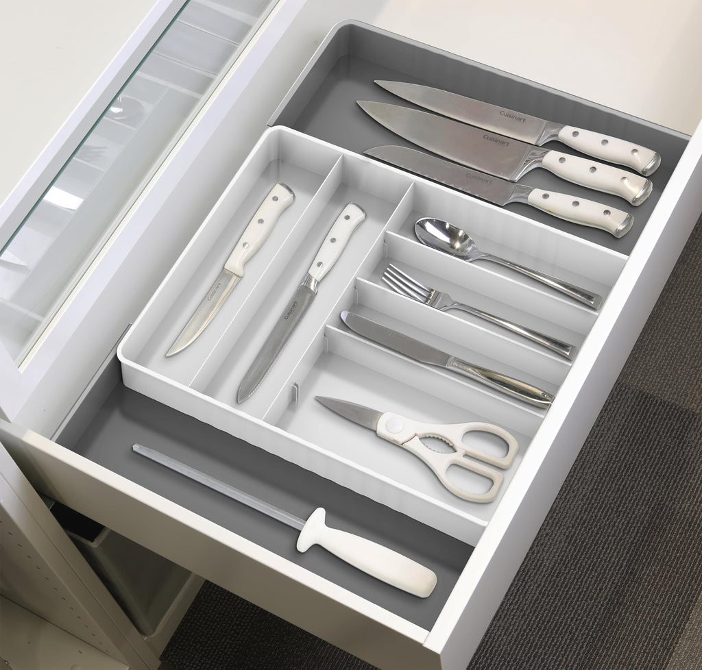Simple Houseware Expandable & Adjustable Cutlery Drawer Organizer - Large Utensil and Flatware Tray for Kitchen Drawers, White