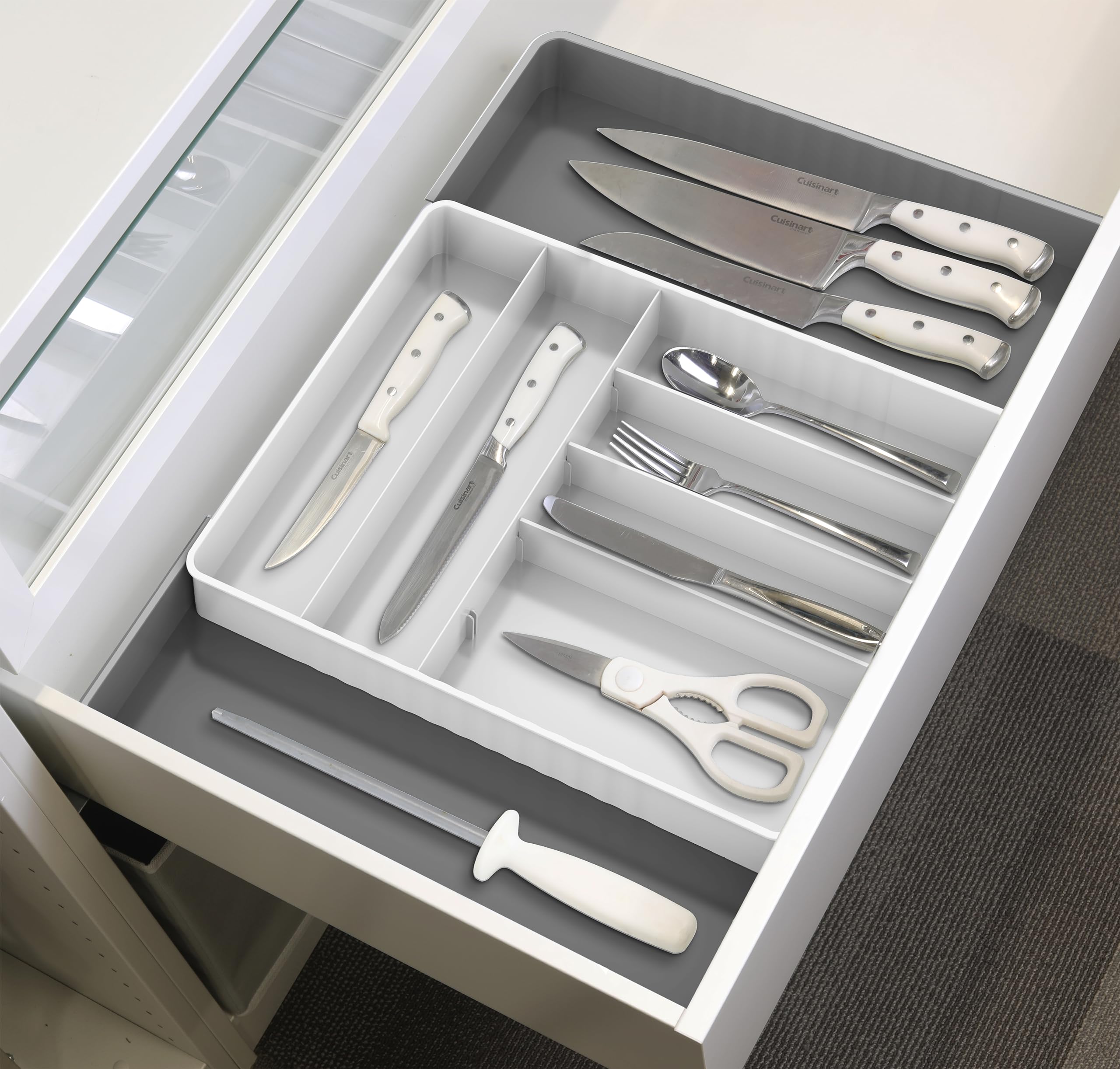 Simple Houseware Expandable & Adjustable Cutlery Drawer Organizer - Large Utensil and Flatware Tray for Kitchen Drawers, White