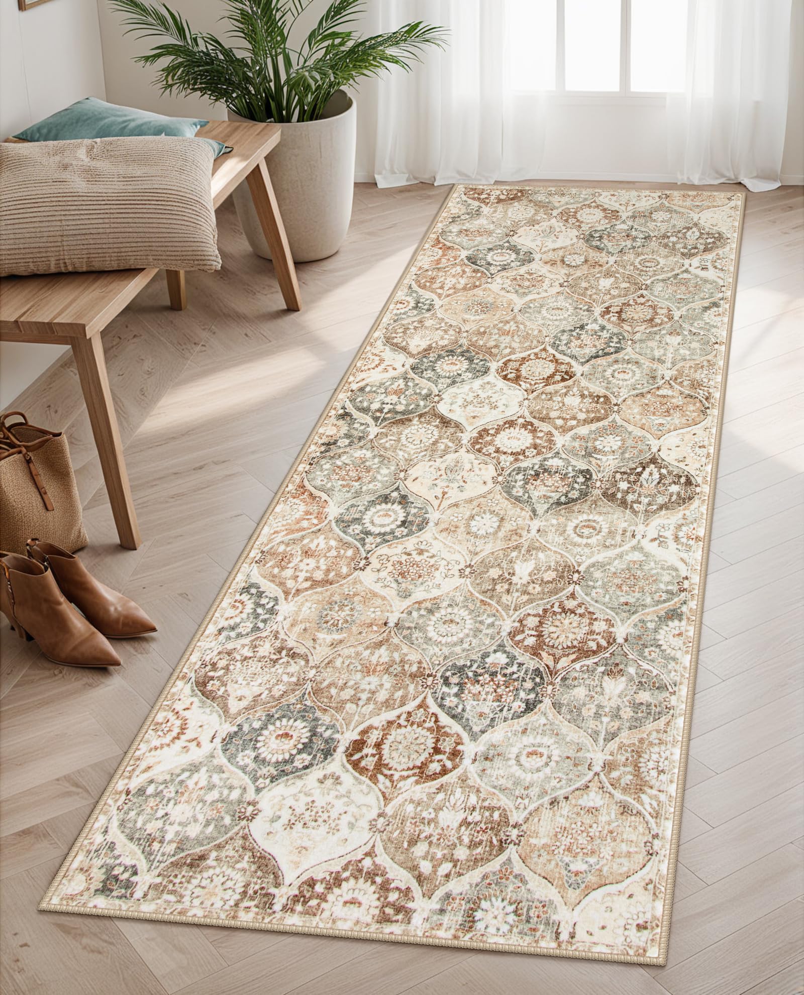 Lahome Moroccan Trellis Washable Rug, 2x3 Kitchen Rugs for Entryway Bathroom, Non-Slip Indoor Door Mat Ultra-Thin, Small Oriental Throw Carpet for Bedroom Entry Elise, Cream/Multi