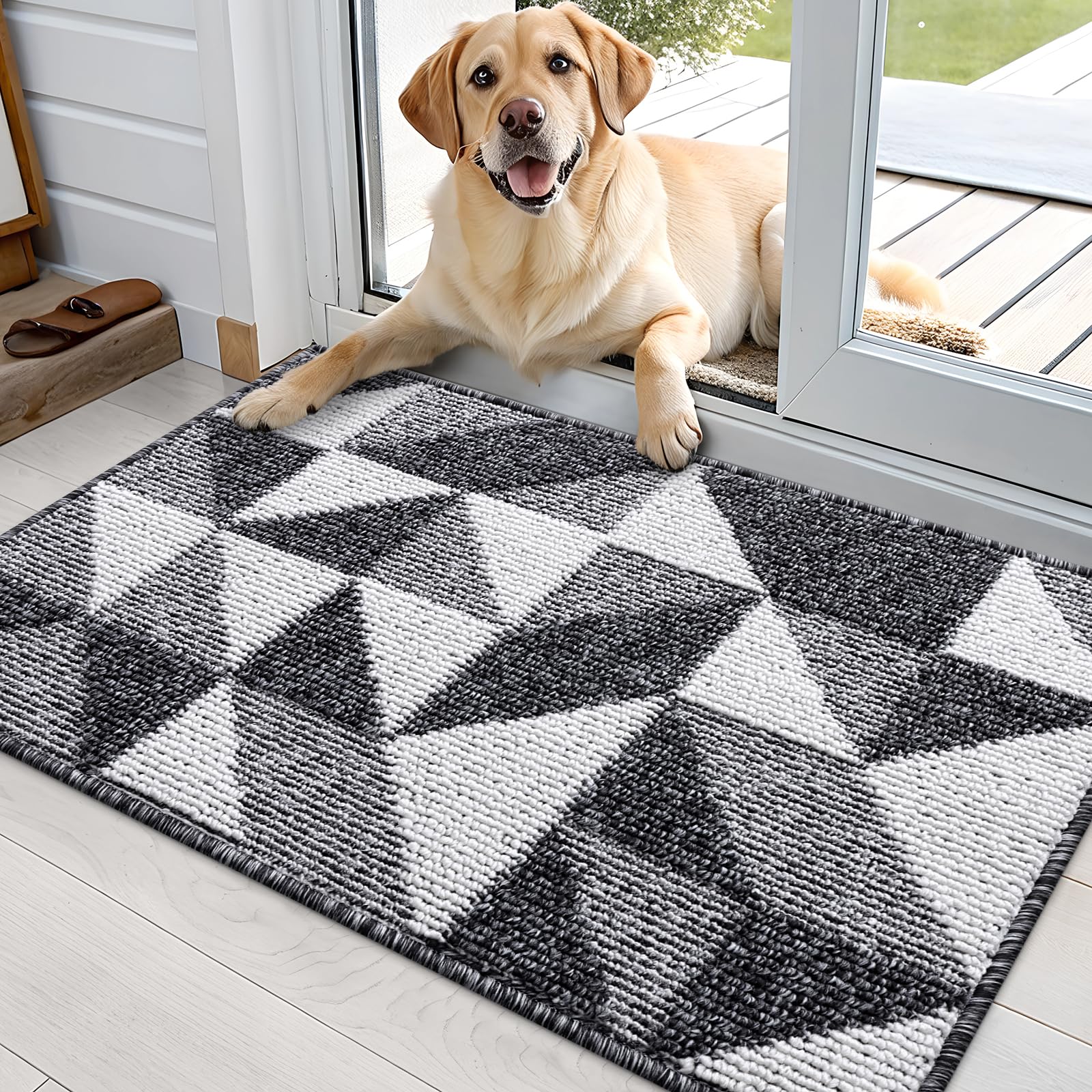 OLANLY Door Mat Indoor Entrance Washable 32x20, Odor-Free Low-Profile Front Back Geometric Doormat, Absorbent Resist Dirt Entry Carpet, Easy to Clean Sturdy Inside Floor Mats for Entryway, Black