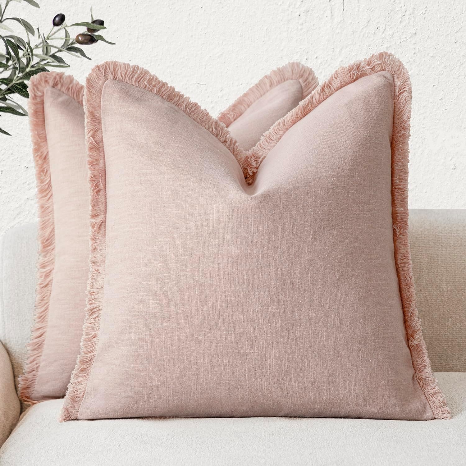 Foindtower Set of 2 Decorative Linen Fringe Throw Pillow Covers Cozy Boho Farmhouse Cushion Cover with Tassels Soft Accent Pillowcase for Couch Sofa Bed Living Room Home Decor,18×18 Inch,Navy Blue