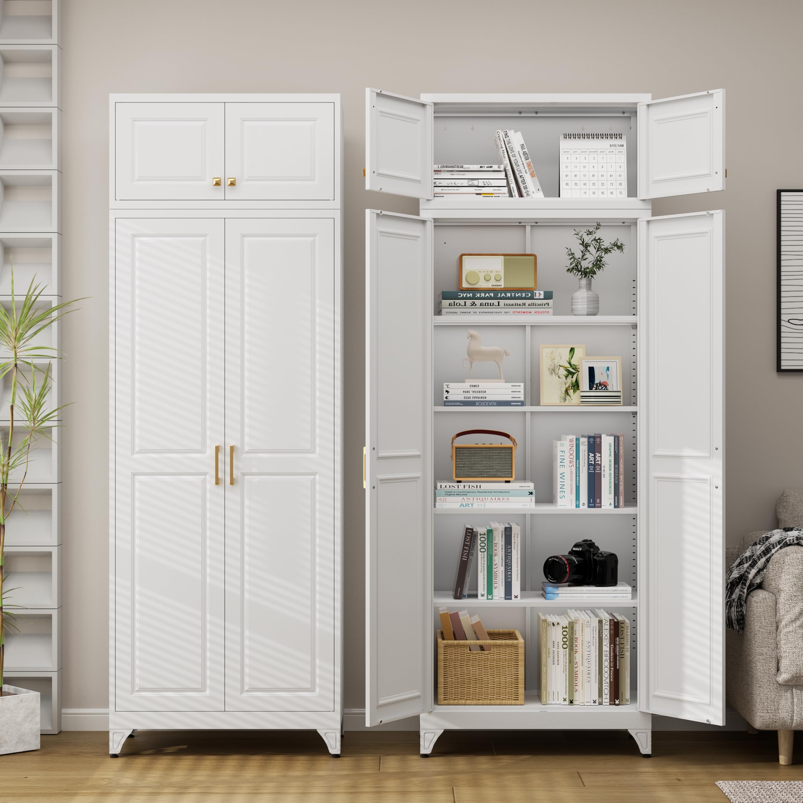 75" Tall Metal Kitchen Storage Cabinet,White Kitchen Pantry Storage Cabinet with Doors and 4 Adjustable Shelves,Utility Cabinet for Living Room,Garage,Dining Room and Office,Assemble Required