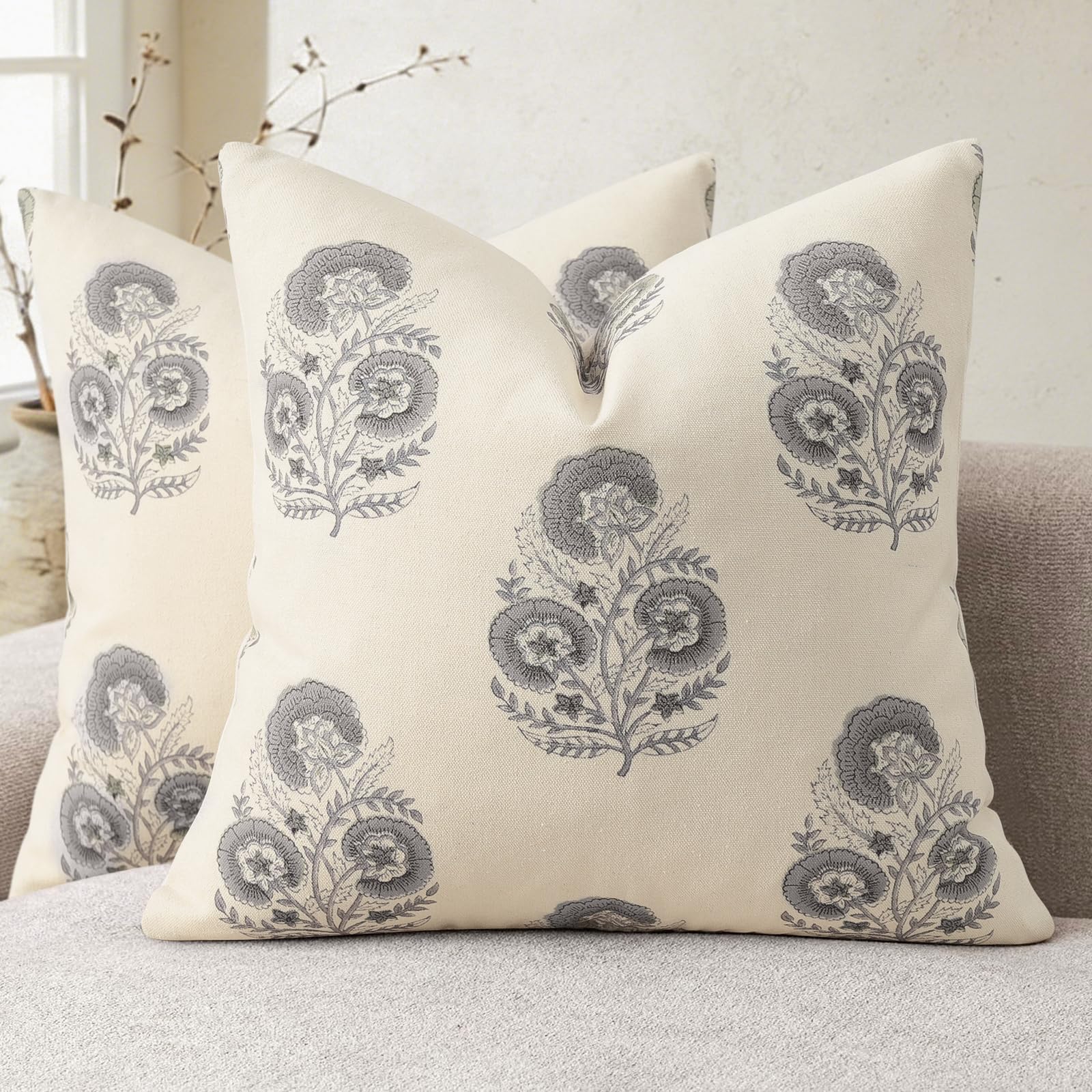 YCOLL Vintage Floral Print Pillow Covers 18x18 Set of 2 Patterned Accent Decorative Cushion Covers Modern Farmhouse Throw Pillow Covers for Sofa Couch Chair Bed Living Room Home Decor, Light Blue