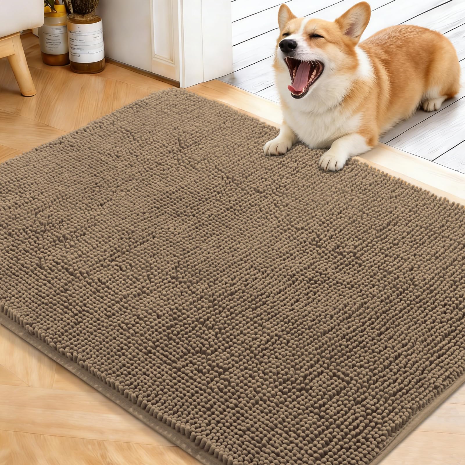 OLANLY Dog Door Mat for Muddy Paws 30x20, Absorbs Moisture and Dirt, Absorbent Non-Slip Washable Doormat, Quick Dry Chenille Mud Mat for Dogs, Entry Indoor Entryway Carpet for Inside Floor, Grey
