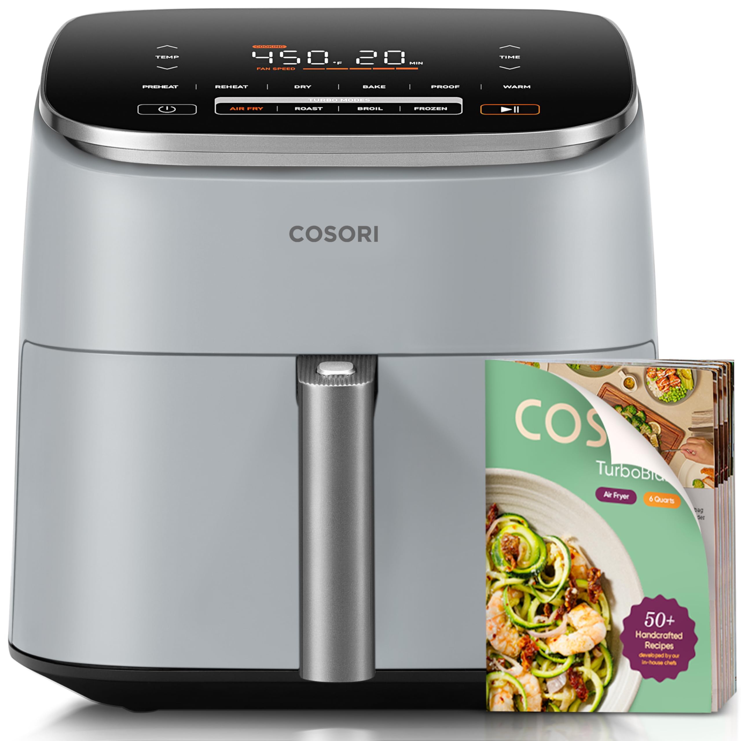 Cosori 9-in-1 TurboBlaze Air Fryer 6 Qt, PFAS-Free Ceramic Coating, 90°–450°F, Precise Heating for Even Results, Air Fry, Roast, Bake, Broil, Dry, Frozen, Proof, Reheat, Keep Warm, 120V, Dark Gray