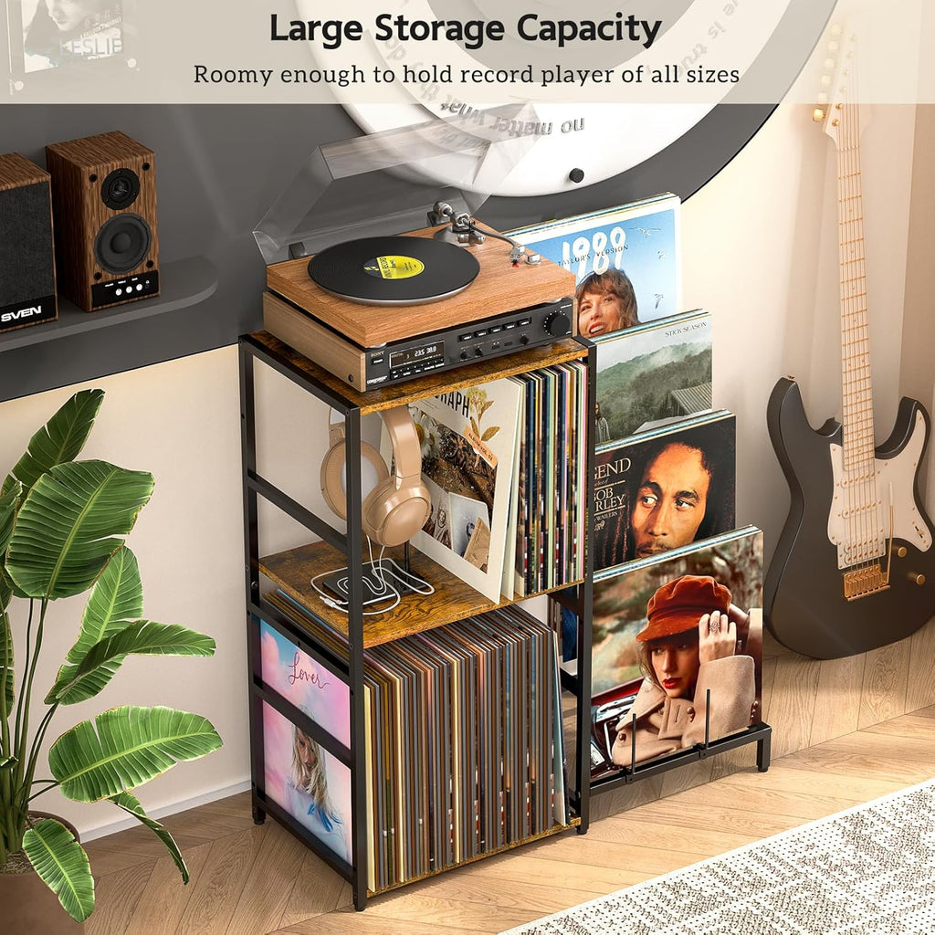 ThreeHio Record Player Stand,Turntable Stand with Vinyl Record Storage, Record Player Table with Vinyl Display Holder Shelf, vinyl Table for Living Room