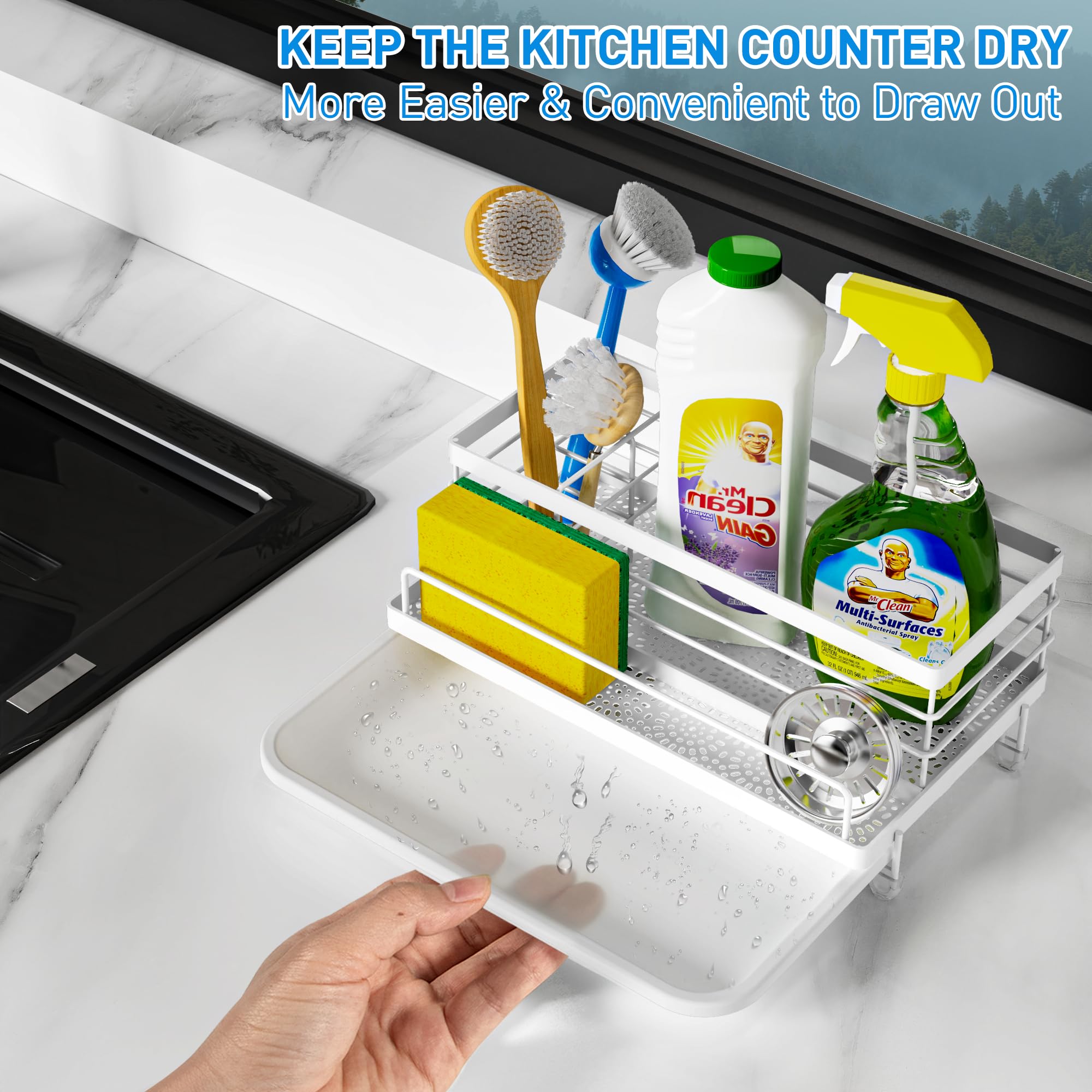 Cisily Black Sponge Holder for Kitchen, Sink Caddy Sink Organizer Rack for Kitchen Accessories with Drip Tray, Rustproof and Non-slip, Soap Dispenser Countertop Organizer Essentials for New Home