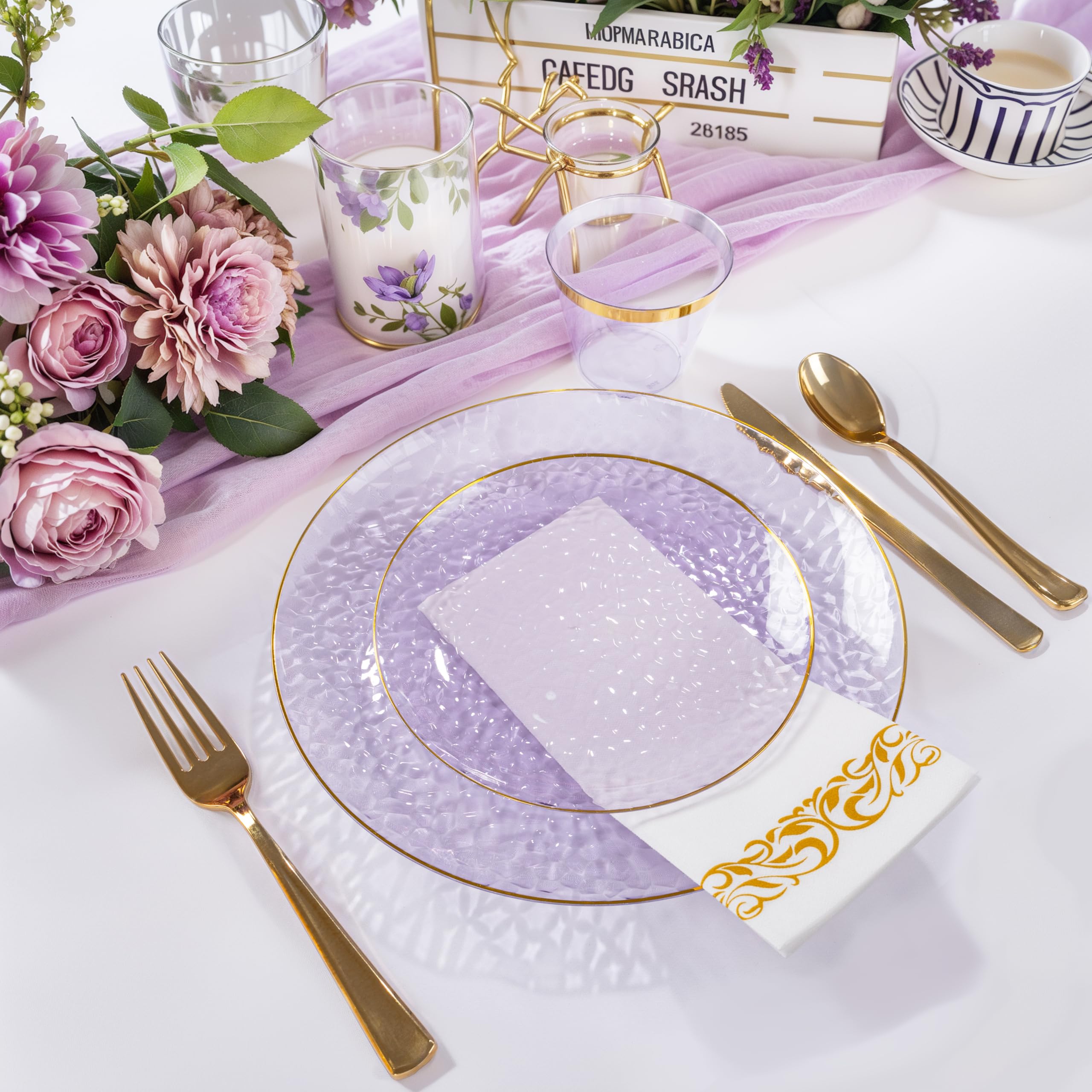 DaYammi 350PCS Clear Gold Plastic Dinnerware Set for 50 Guests, Hammered Disposable Plates for Party, Include: 50 Dinner Plates, 50 Dessert Plates, 150 Gold Silverware, 50 Napkins, 50 Cups