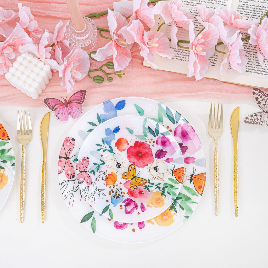 DaYammi 20Pcs Floral Disposable Plastic Plates-Disposable Heavy duty Watercolor Floral Plastic Plates 10.25 inch Dinner plates and 7.5 inch Dessert plates, Disposable Plate for Party Mother's Day
