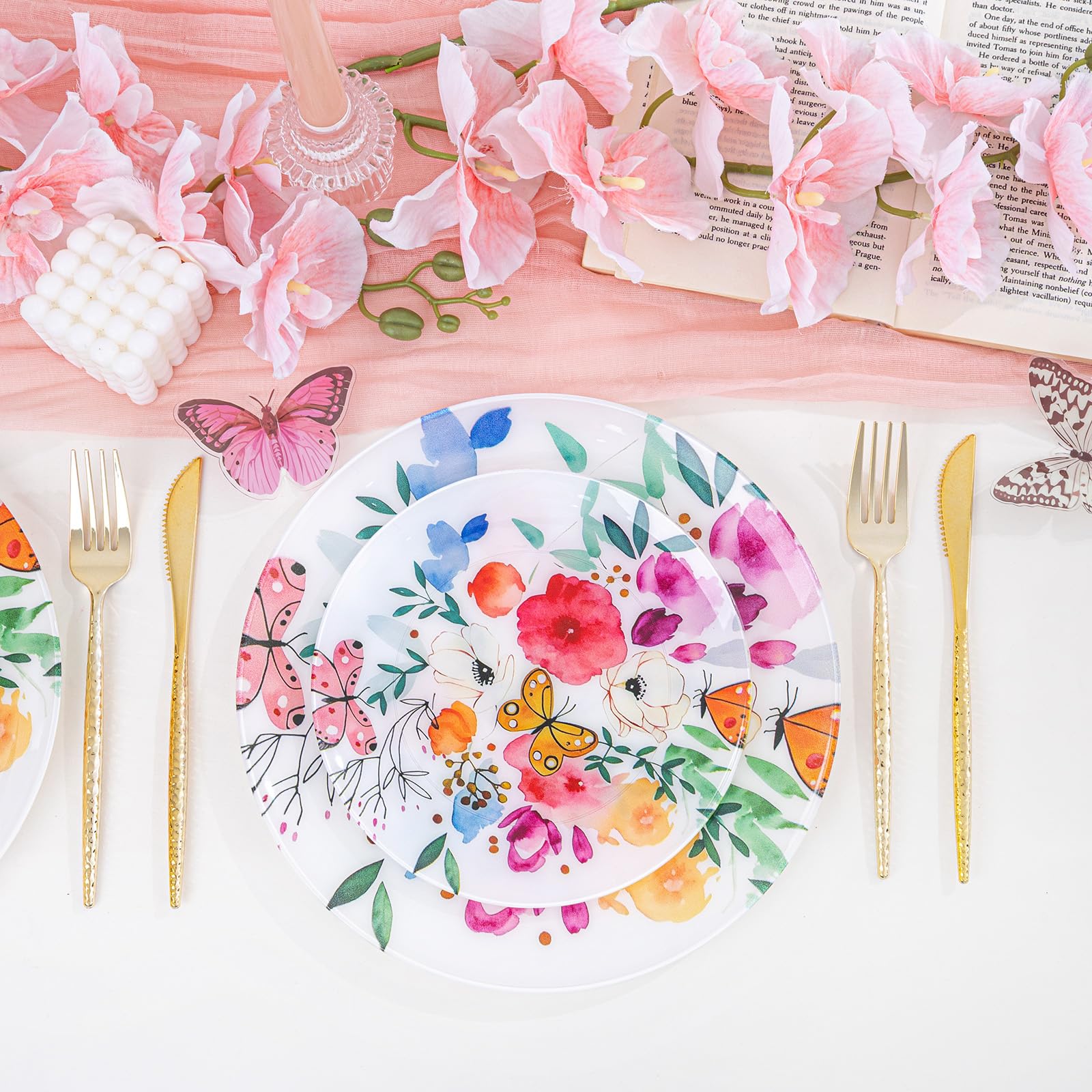 DaYammi 20Pcs Floral Disposable Plastic Plates-Disposable Heavy duty Watercolor Floral Plastic Plates 10.25 inch Dinner plates and 7.5 inch Dessert plates, Disposable Plate for Party Mother's Day