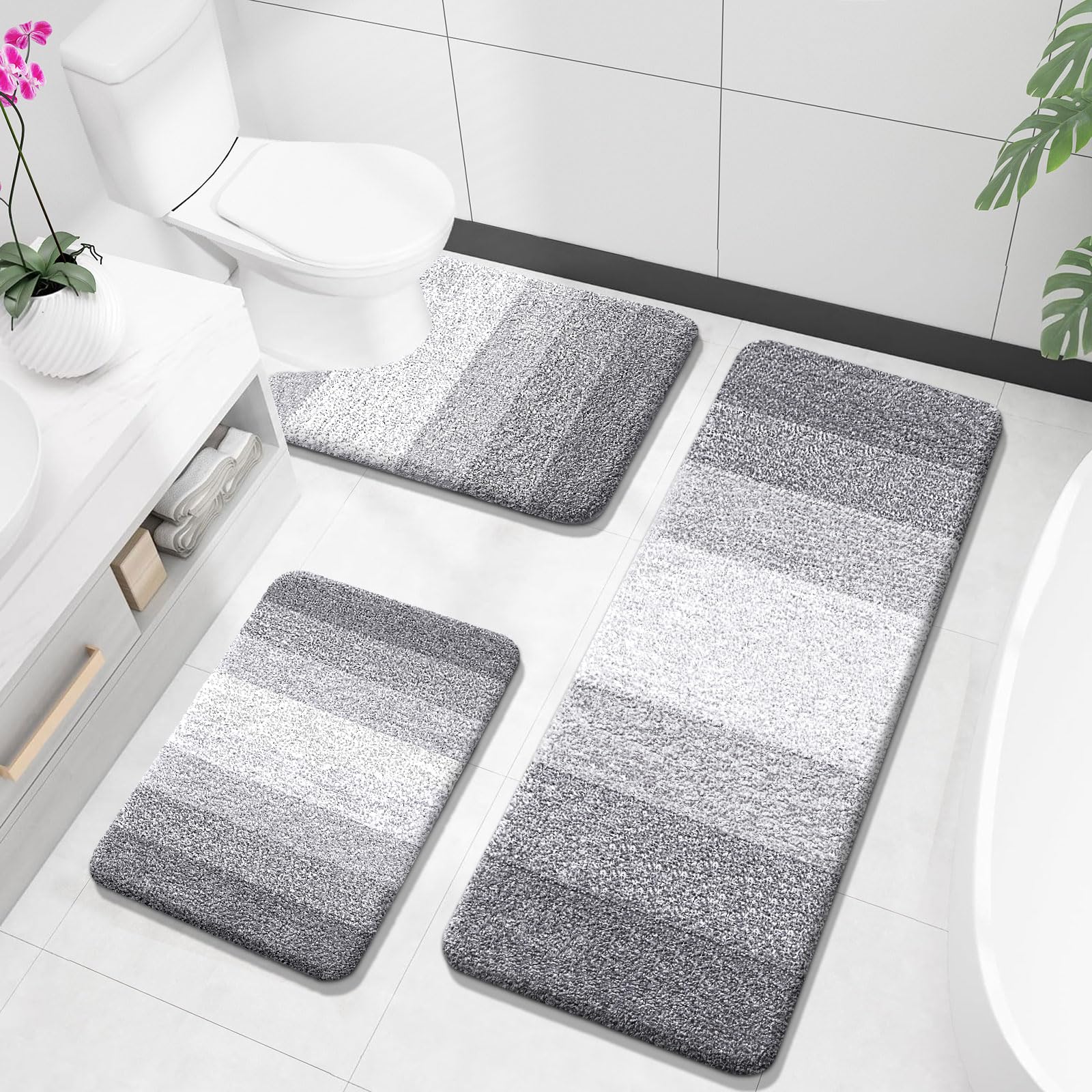 OLANLY Bathroom Rugs Sets 3 Piece, Soft Absorbent Microfiber Bath Mats and U-Shaped Contour Toilet Rug, Machine Wash Dry, Plush Shaggy Bath Mat Set for Bathroom (30"x20"+24"x16"+24"x20", Grey)