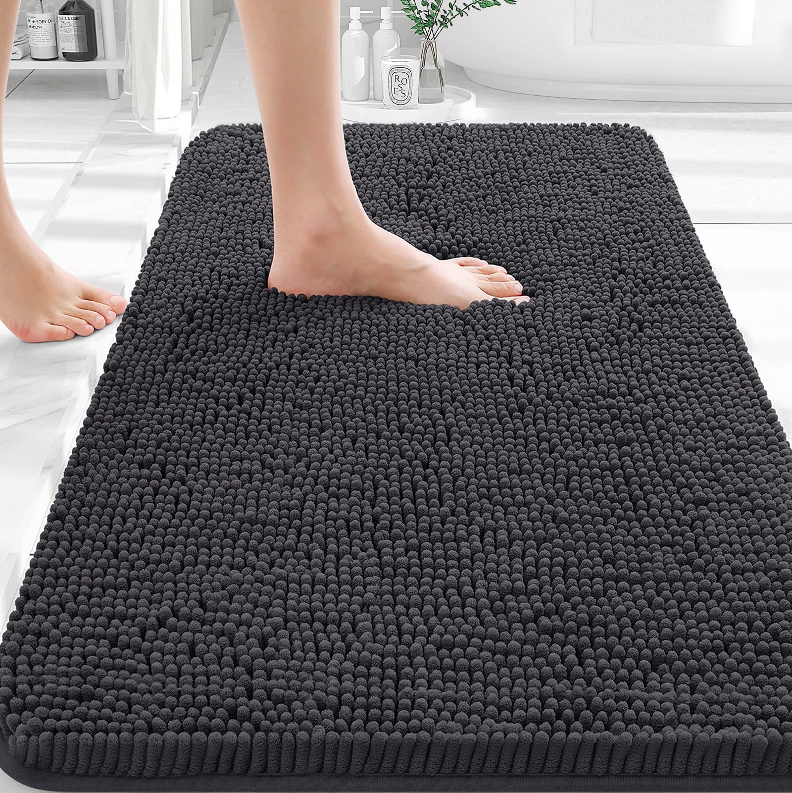OLANLY Bathroom Rugs 30x20, Extra Soft Absorbent Chenille Bath Rugs, Rubber Backing Quick Dry, Machine Washable Bath Mats for Bathroom Floor, Tub and Shower, Home Decor Accessories, Grey