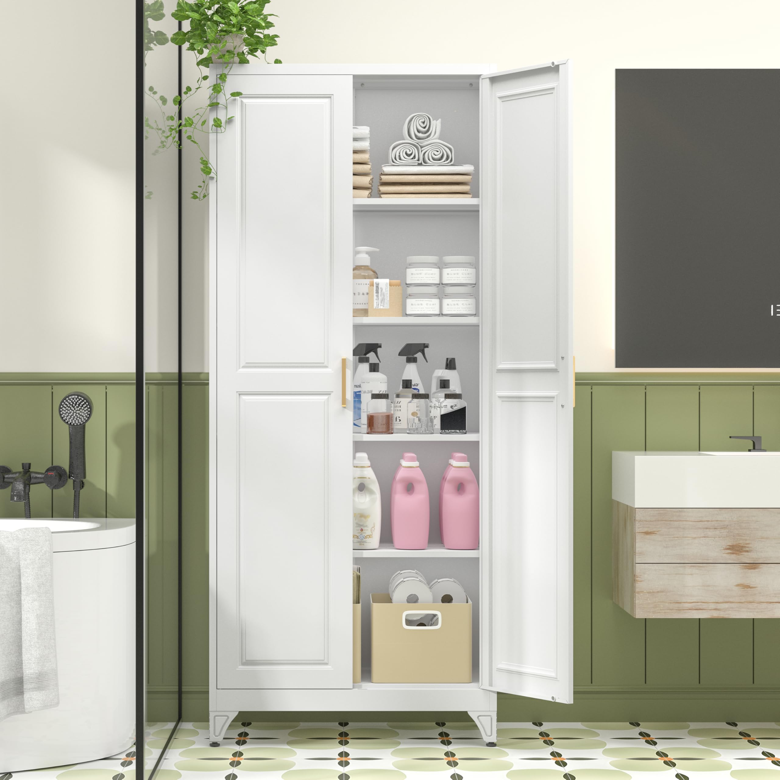 Polup White Kitchen Pantry Cabinet, 71 Inch Tall Metal Storage Cabinet with Doors and Shelves, Pantry Cabinets for Kitchen Storage, Freestanding Cupboard for Living, Dining Room, Assemble Required