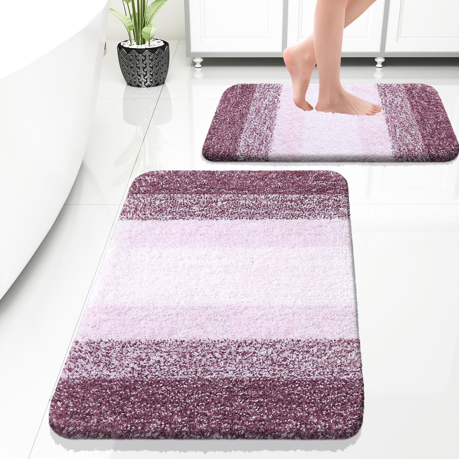 OLANLY Bathroom Rug Set 2 Piece, Soft Absorbent Microfiber Bath Mats and U-Shaped Contour Toilet Rug, Non-Slip, Machine Wash Dry, Plush Shaggy Bath Mats for Bathroom (24"x16"+24"x20", Grey)