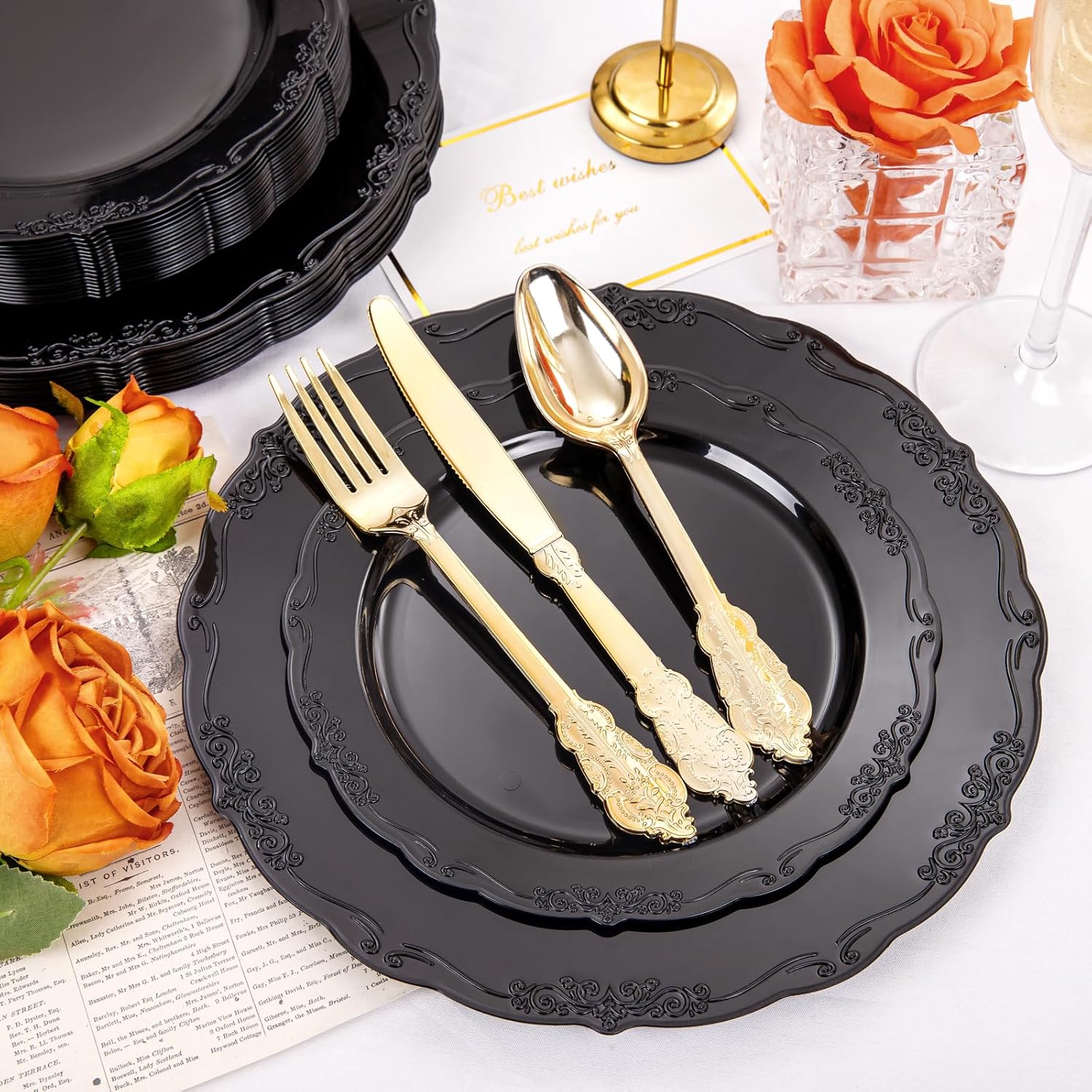 DaYammi 150Pcs Black Gold Plastic Plates & Silverware and 100 Pack Black Plastic Cups 10Oz Clear Disposable Cups with Black Rim for Party,Wedding and special days