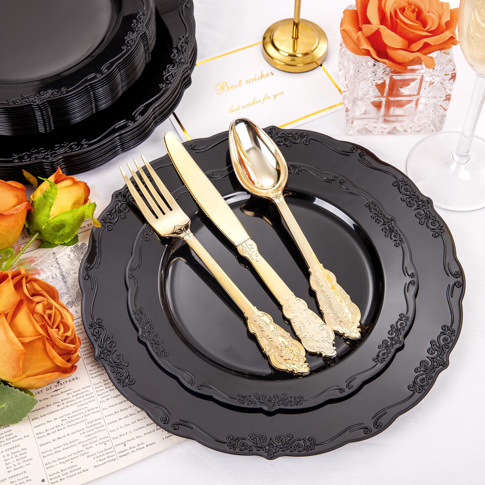 DaYammi 150Pcs Ivory Plastic Plates with Gold Rim,Disposable Plastic Plates Include 30 Dinner Plate,30 Salad Plate,30 Forks,30 Spoons,30 Knives,Ivory and Gold Plates for Party,Wedding,Mother's Day