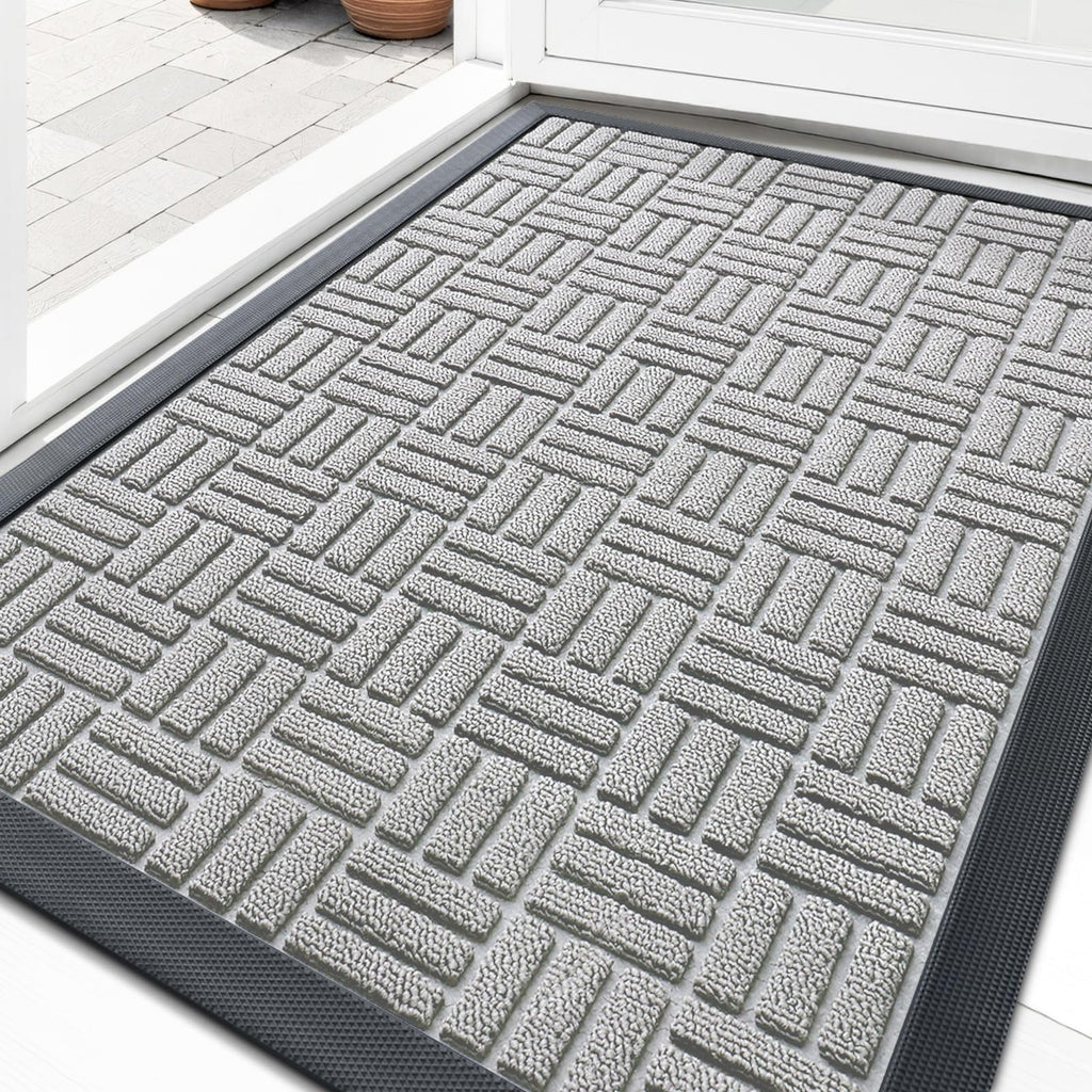 OLANLY Front Door Mat Outside Entrance 29.5x17, Absorbent, Heavy Duty Sturdy Natural Rubber Doormat Indoor Outdoor, Stain and Fade Resistant, Non-Slip Backing Low Profile Floor Mat for Entryway, Grey