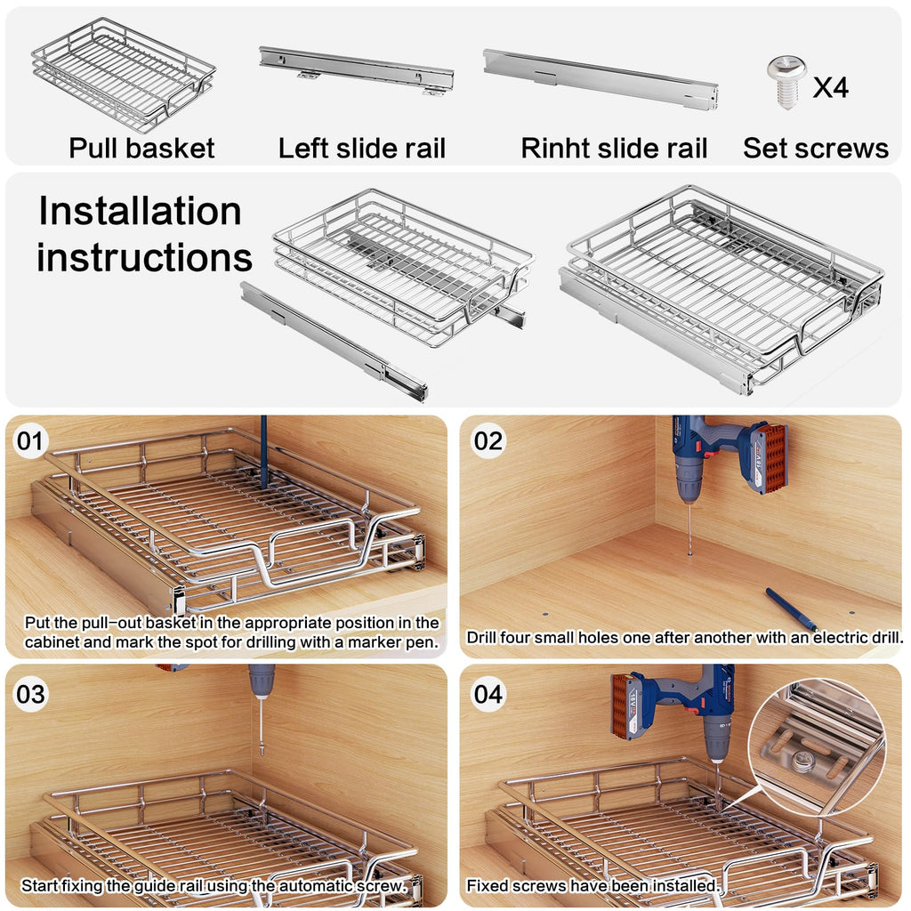 2-Tier Kitchen Cabinet,Pull Out Cabinet Organizer,Shelf and Drawer Organizer Slide Out Pantry Storaqe Basket in Multiple Sizes (12" W x21 D)