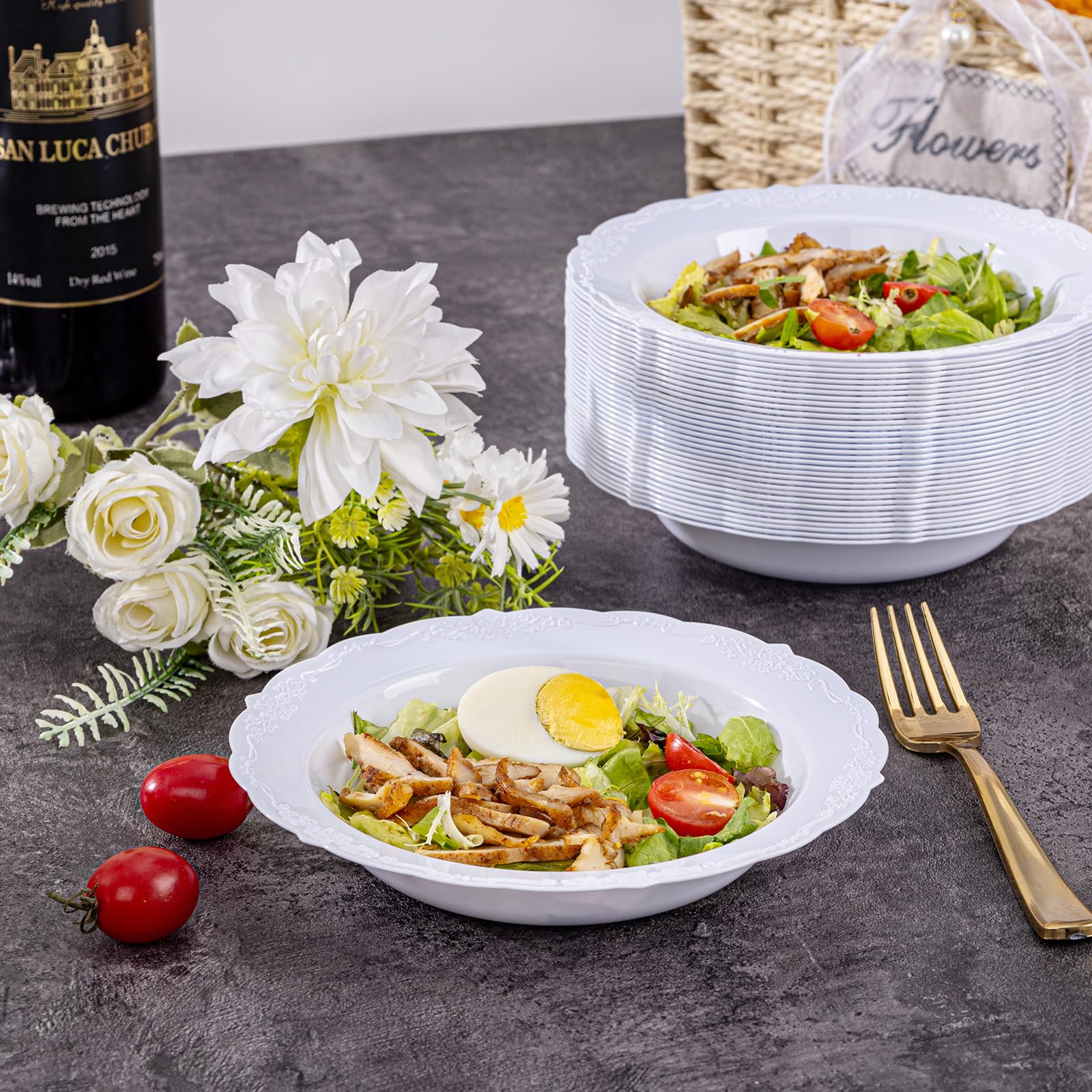 DaYammi 50 Pack White Plastic Bowls, 12oz Disposable Soup Bowls, White bowls Disposable Heavy Duty Dinner Bowls for Weddings, Salad Bowl for Parties, Dinners, Catering and Everyday Use