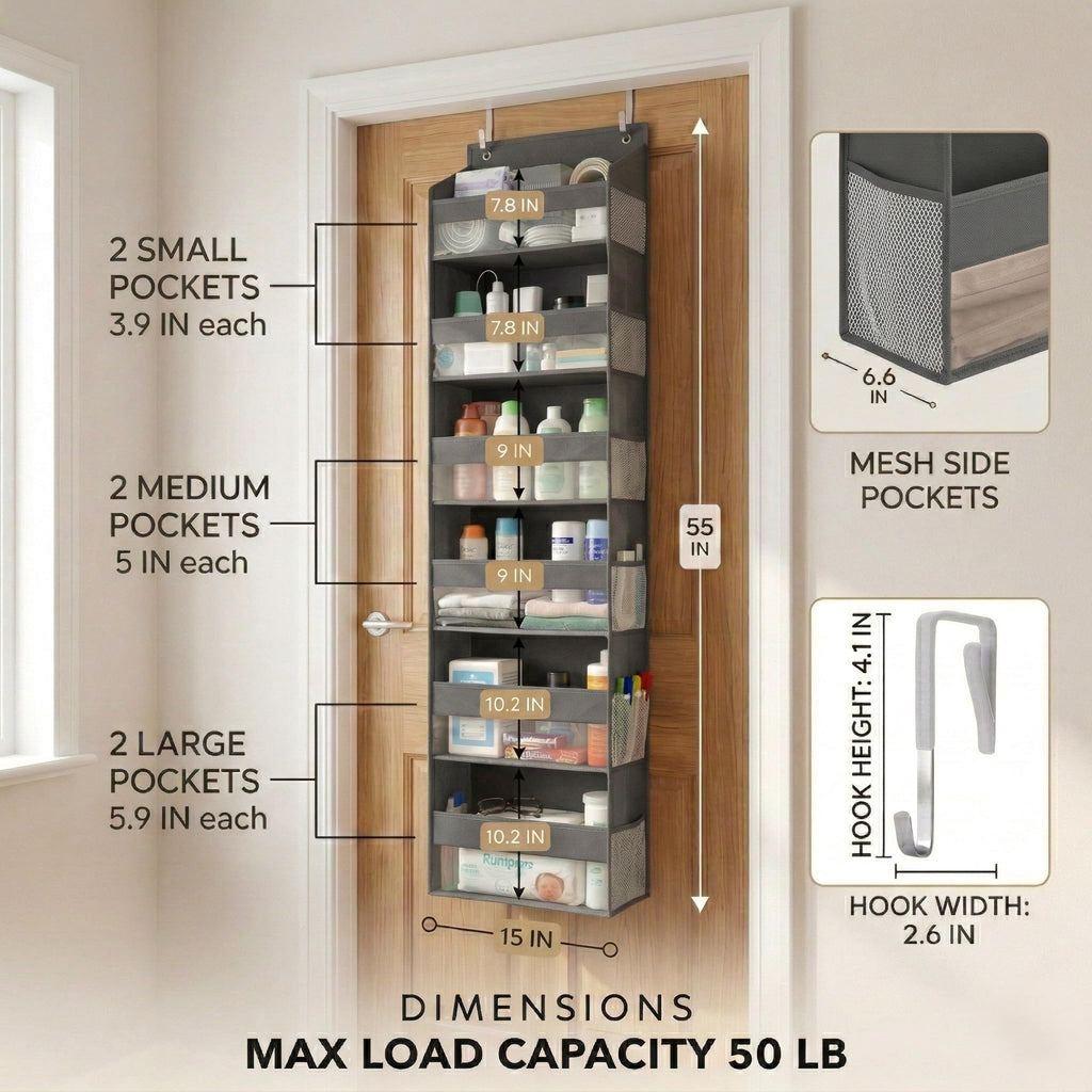 HOMELUX THEORY UPGRADED 6 Tiers Over The Door Organizer Hanging - 100D EXTRA THICK & 50lbs HUGE CAPACITY, 12 Side Mesh Pockets Over The Door Shoe Organizer, Hanging Closet Organizer (Ivory, 1pc)