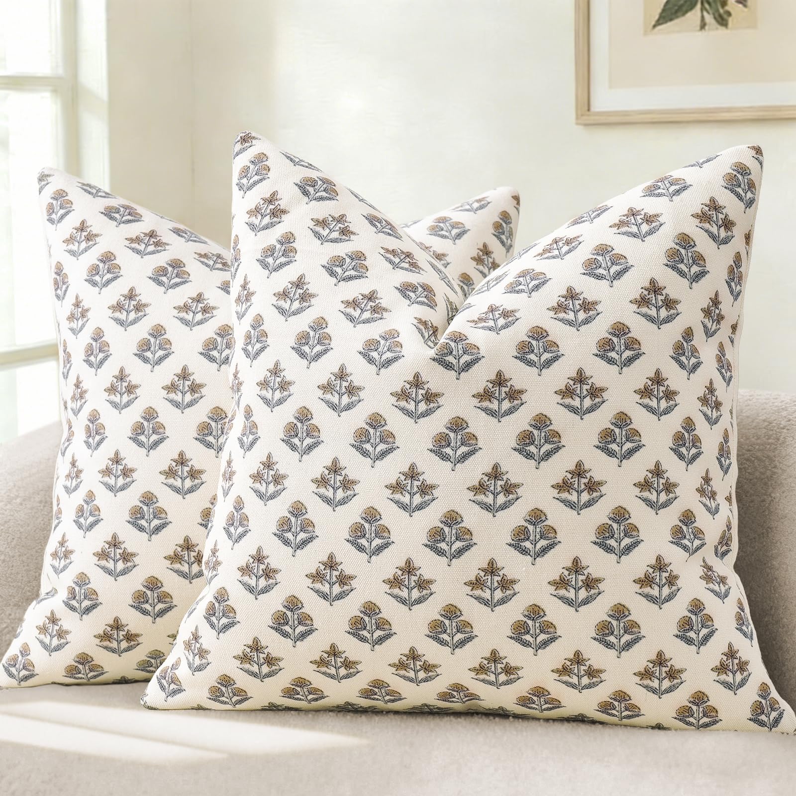 YCOLL Farmhouse Floral Pillow Covers 20x20 Set of 2, Rustic Country Decorative Cushion Covers Vintage Throw Pillow Covers for Sofa Couch Bed Living Room Home Decor, Blue Green