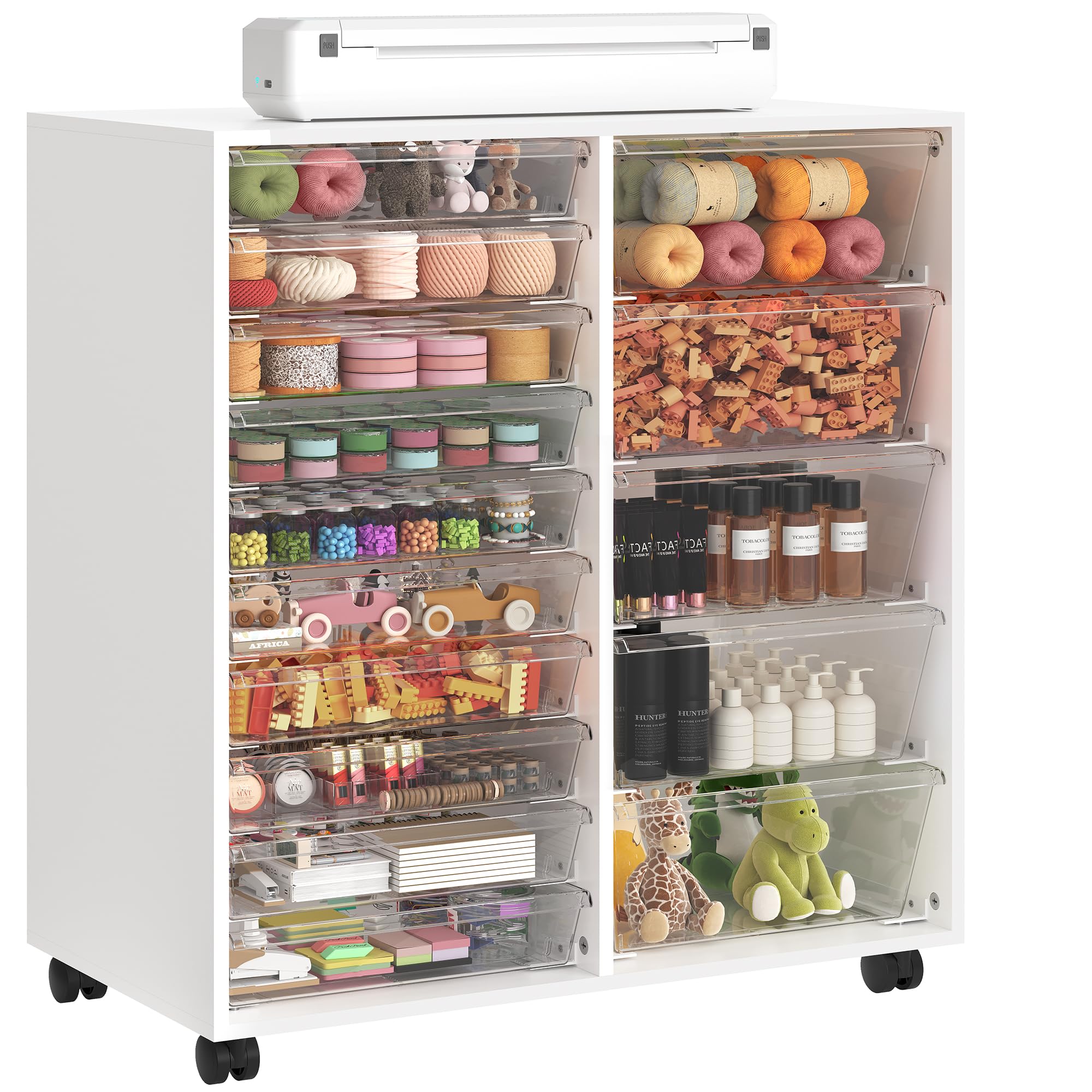 WOPITUES Storage Drawer Cart, Mobile Storage Cabinet, Makeup Storage with 10 Large Clear Drawers, Utility Wooden Rolling Cart on Wheels, for Cosmetic, Art Craft, Office Supplies, Toy, White