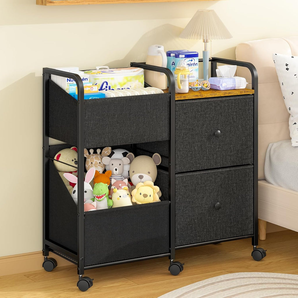 Baby Diaper Caddy Organizer Cart with Wheels, Rolling Cart with Dividers and Drawers, Mobile Utility Cart Bedside for Nursery, Bedroom, Baby Newborn Essentials Storage Cart, Black