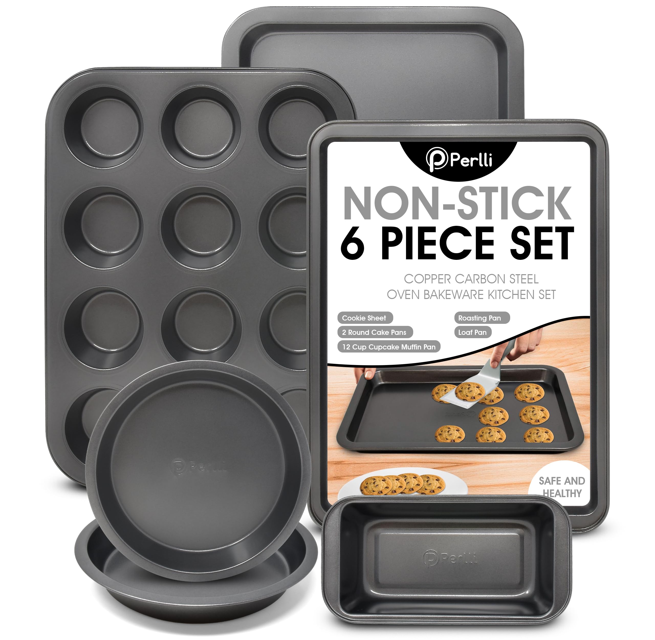 PERLLI Non-Stick 10-Piece Bakeware Set – Carbon Steel with Even Heat Distribution, Oven Safe to 446°F, BPA-Free, Dishwasher Safe, Stackable Baking Tools for Easy Storage and Everyday Cooking - Gray