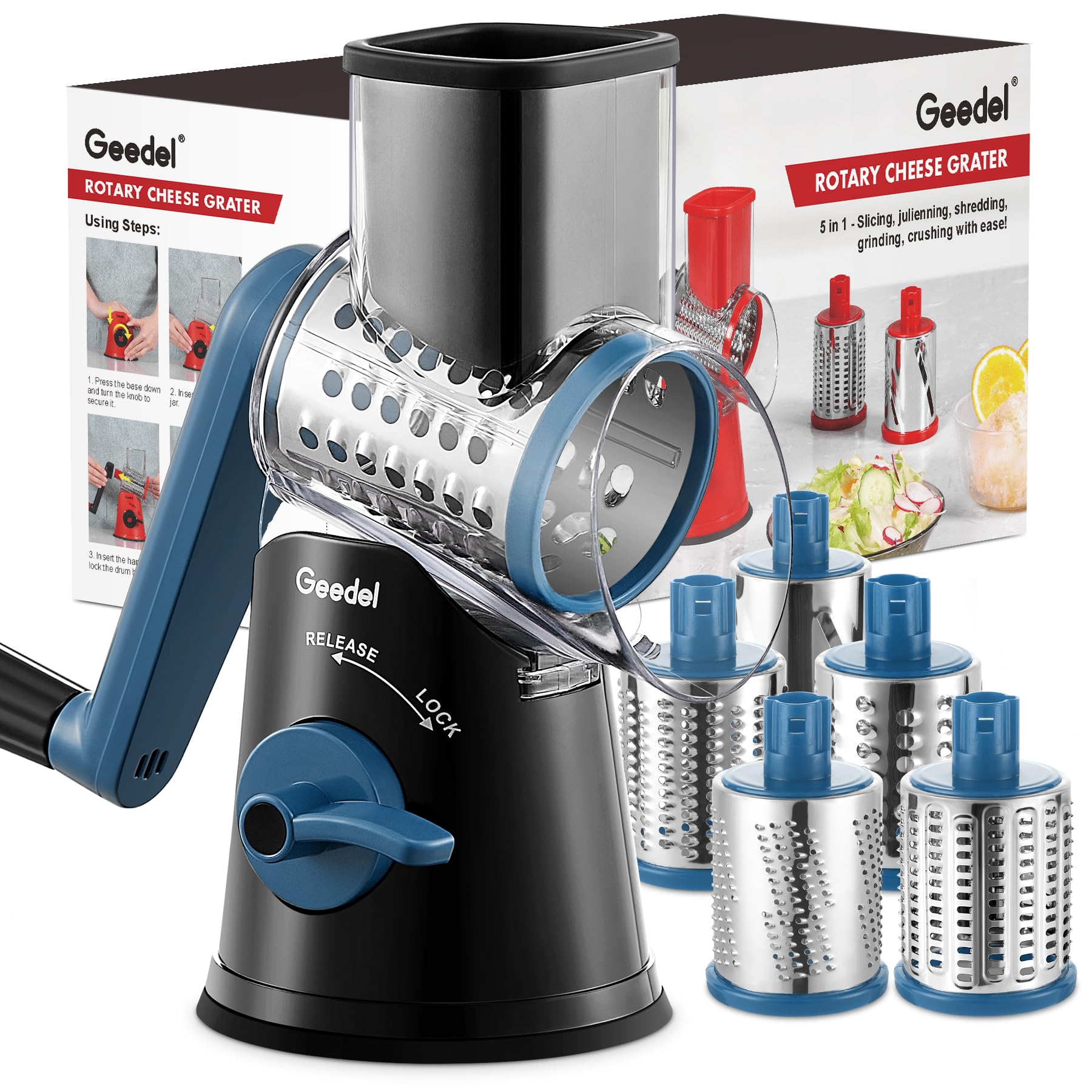 Geedel Rotary Cheese Grater, Kitchen Mandoline Vegetable Slicer with 3 Interchangeable Blades, Easy to Clean Rotary Grater Slicer for Fruit, Vegetables, Nuts