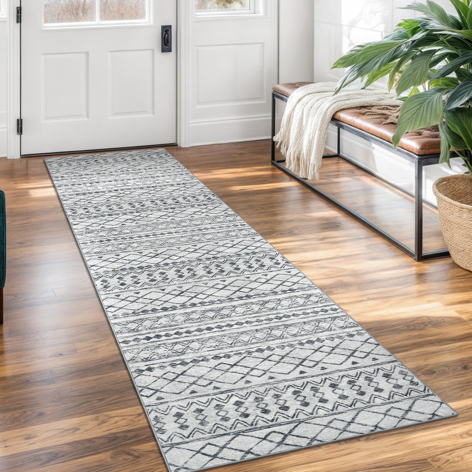 KUTA Washable Non-Slip Rugs for Entryway 2x3, Grey Moroccan Boho Small Area Rug, Ultra Soft Vintage Geometric Low-Pile Indoor Door Mat Floor Carpet for Indoor, Entrance, Kitchen, Bathroom, Bedroom