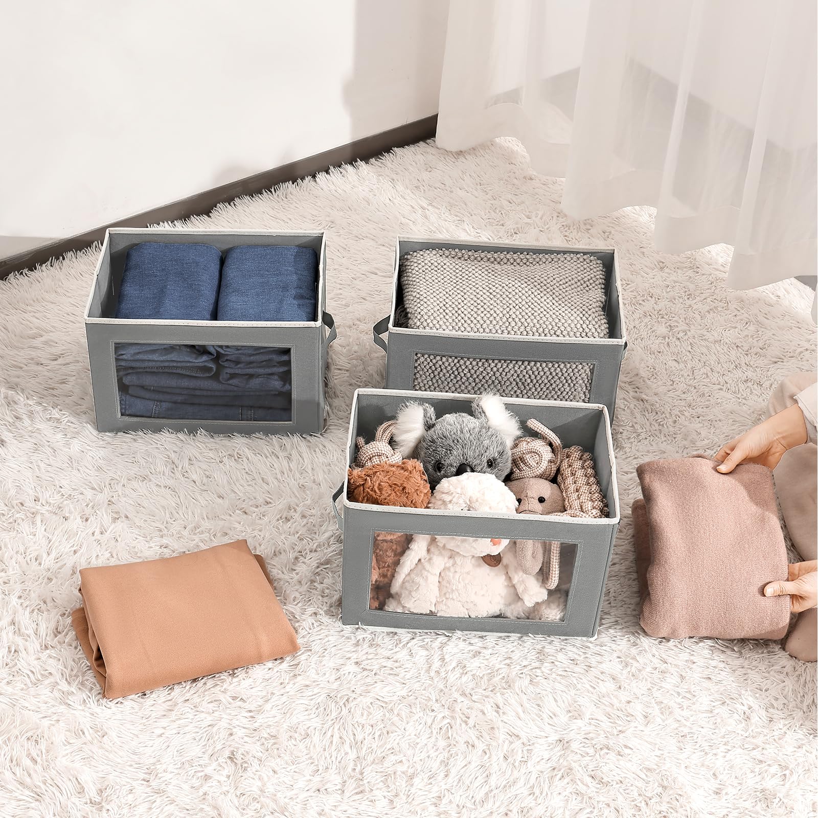 Homsorout Storage Bins with Lids - Fabric Storage Boxe with Window, Collapsible Closet Organizers with Handles, 3 Pack Decorative Bin, Home Cubes Baskets for Clothes, Hat, Books, Dark Grey