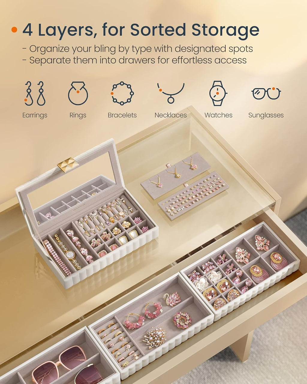 SONGMICS HOME Stackable Jewelry Box with Mirror, 4-Tier Jewelry Storage Organizer, PU Surface with Stitching, Floating Effect, 6.7 x 11 x 8 Inches, Cloud White, ANAH Collection UJBC181W01