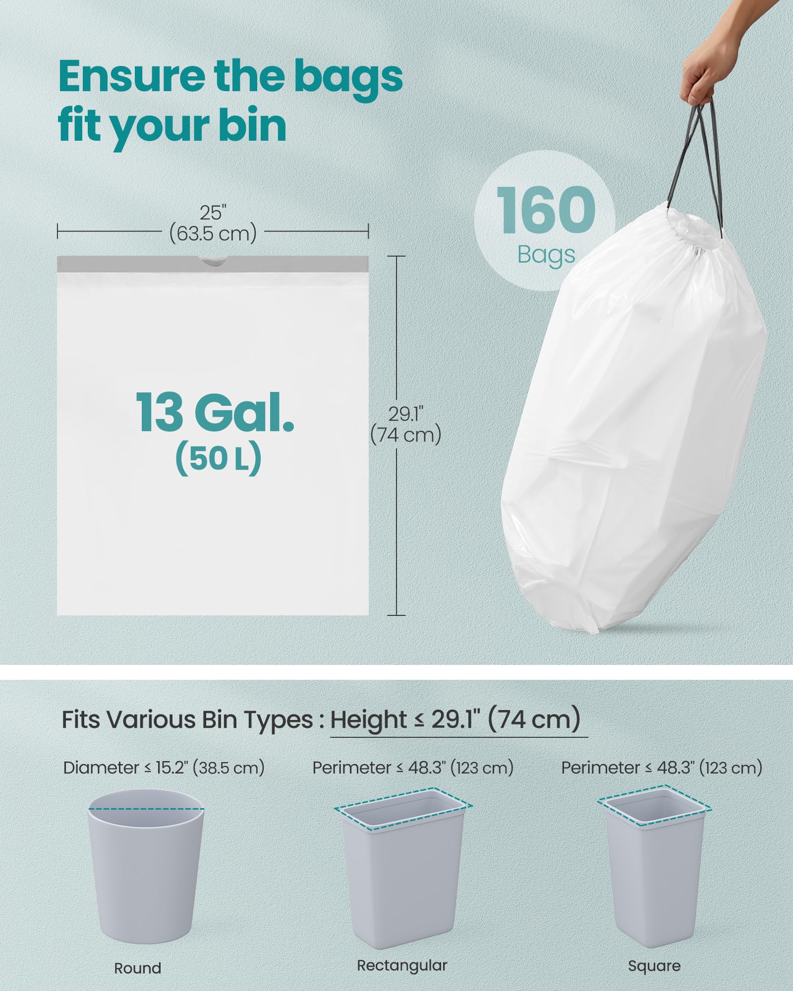 SONGMICS Trash Bags for 8-Gallon (30 L) Trash Cans, Drawstring Kitchen Garbage Bags, Pre-Separated, Liner Code 30A, 2 Rolls, 90 Count, White UKRB30A02
