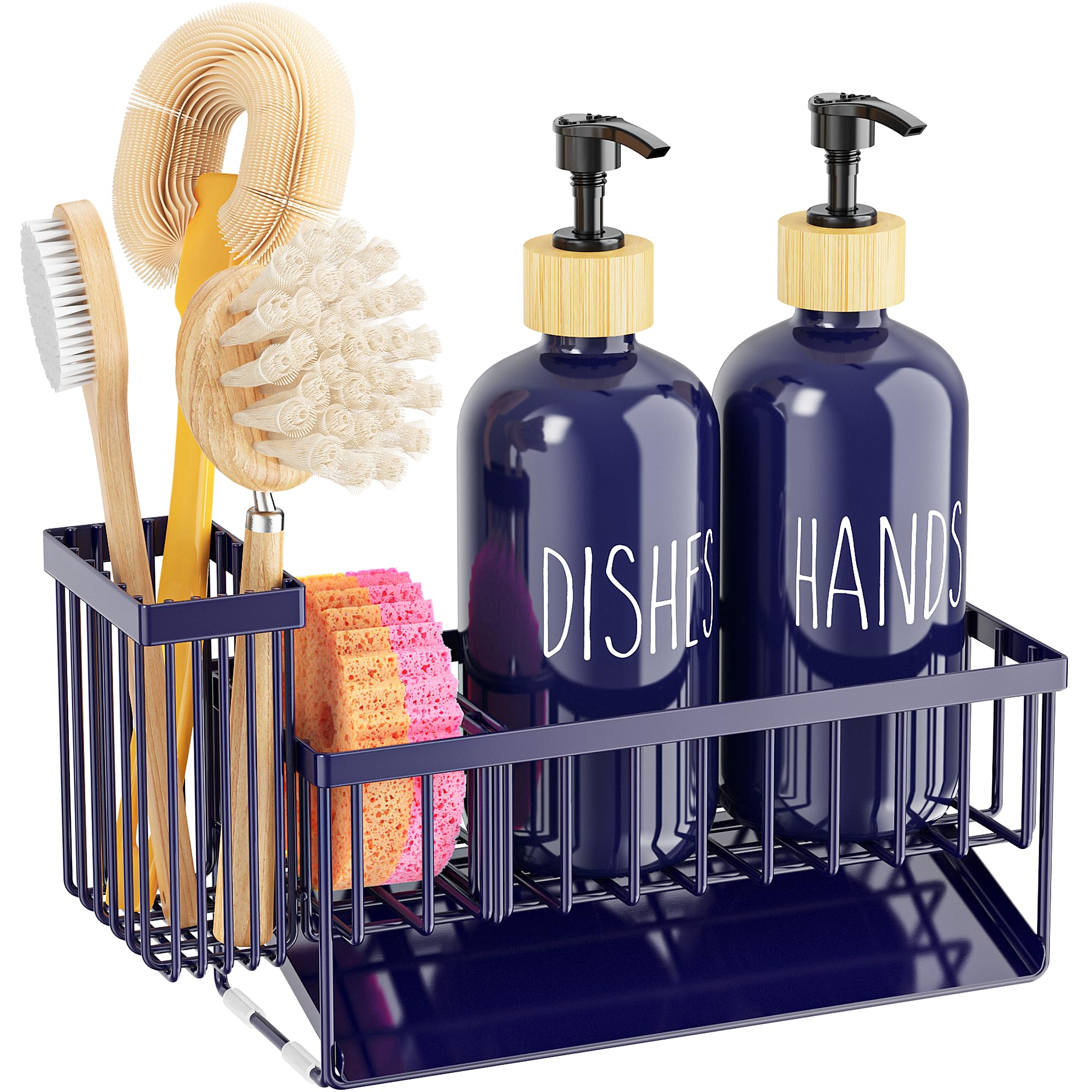 Cisily Kitchen Dish Soap Dispenser Set with 2 Pack 16.9oz Amber Glass Bottle and Sponge Holder, Dish Soap Dispensers with Adjustable Sponge Holder, Vintage Hand and Dish Soap Dispensers Set