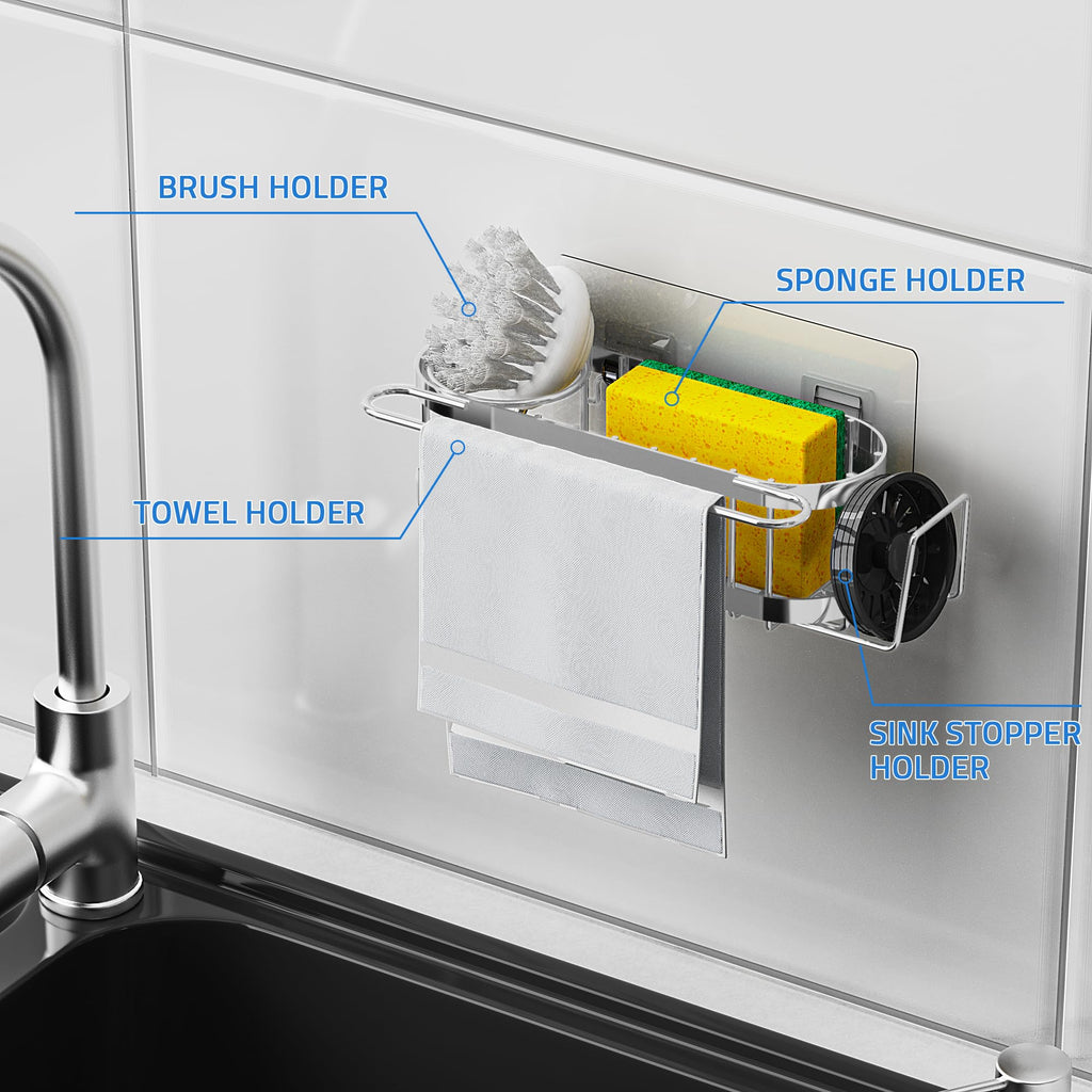 Cisily Organizador de Fregadero de Cocina con Soporte para Esponja en el Fregadero, Organizador de Fregadero de Cocina de Acero Inoxidable, Soporte para Cepillo, Percha para Paños de Platos, Soporte