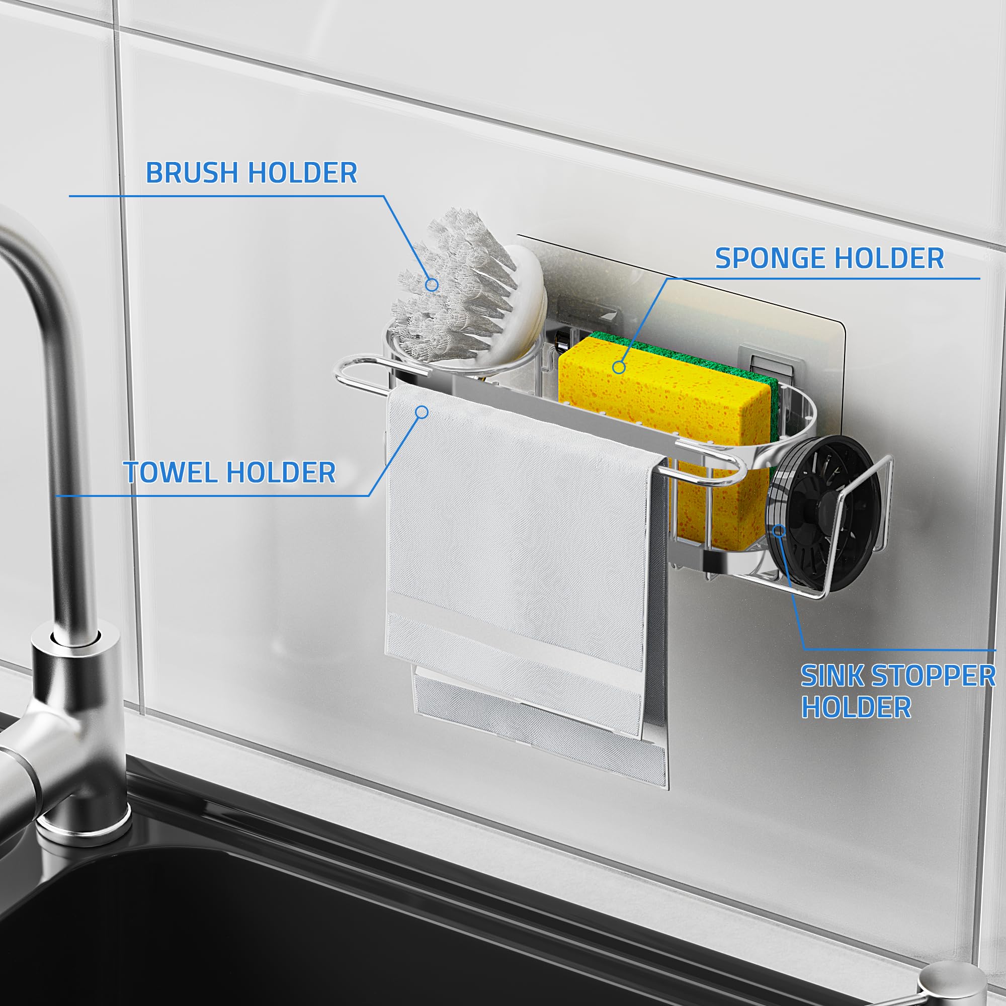 Cisily Organizador de Fregadero de Cocina con Soporte para Esponja en el Fregadero, Organizador de Fregadero de Cocina de Acero Inoxidable, Soporte para Cepillo, Percha para Paños de Platos, Soporte