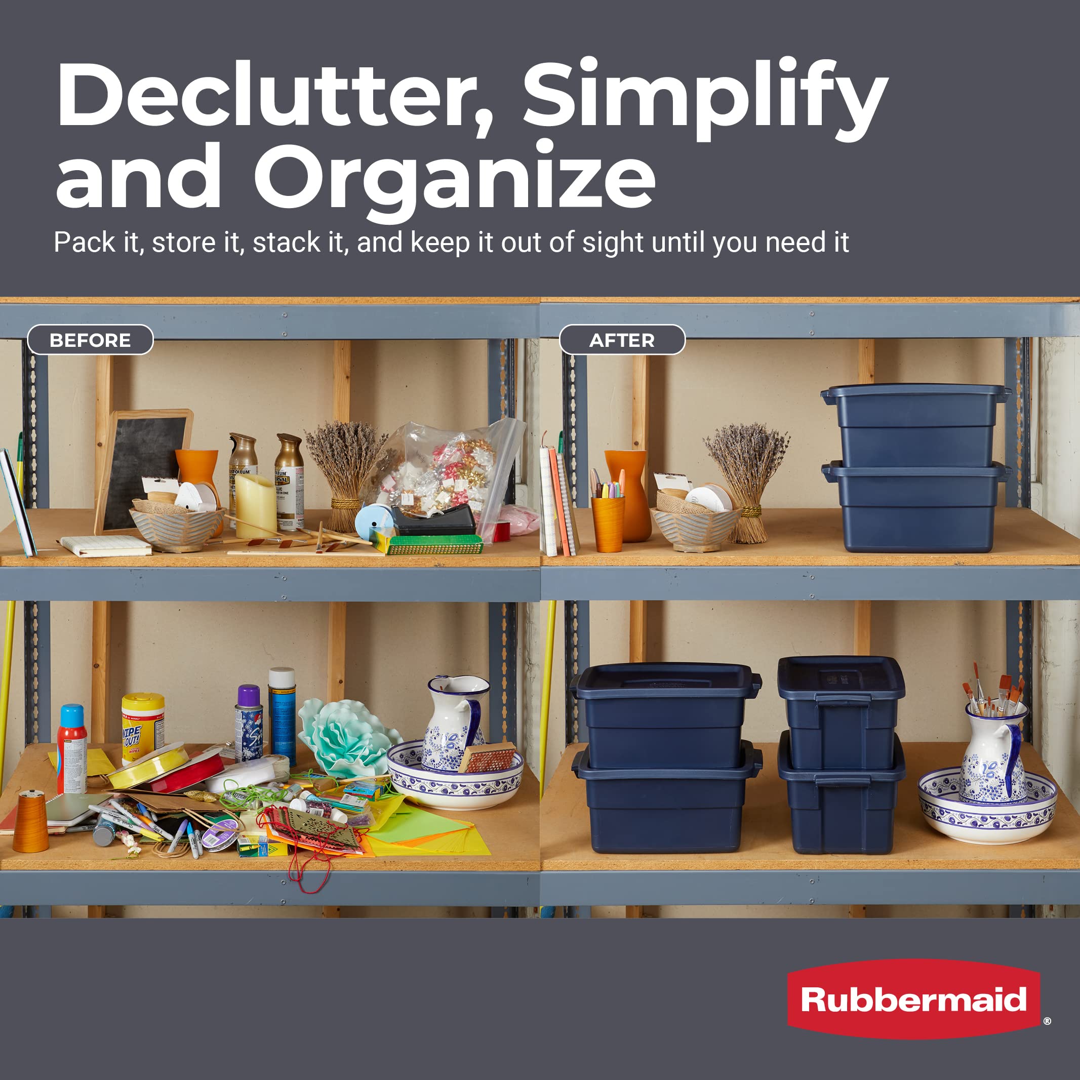Rubbermaid Roughneck Tote 14 Gal, 6 Pack, Made in USA, Dark Indigo Metallic, Rugged Plastic Stackable Storage Bins with Lids and Handles