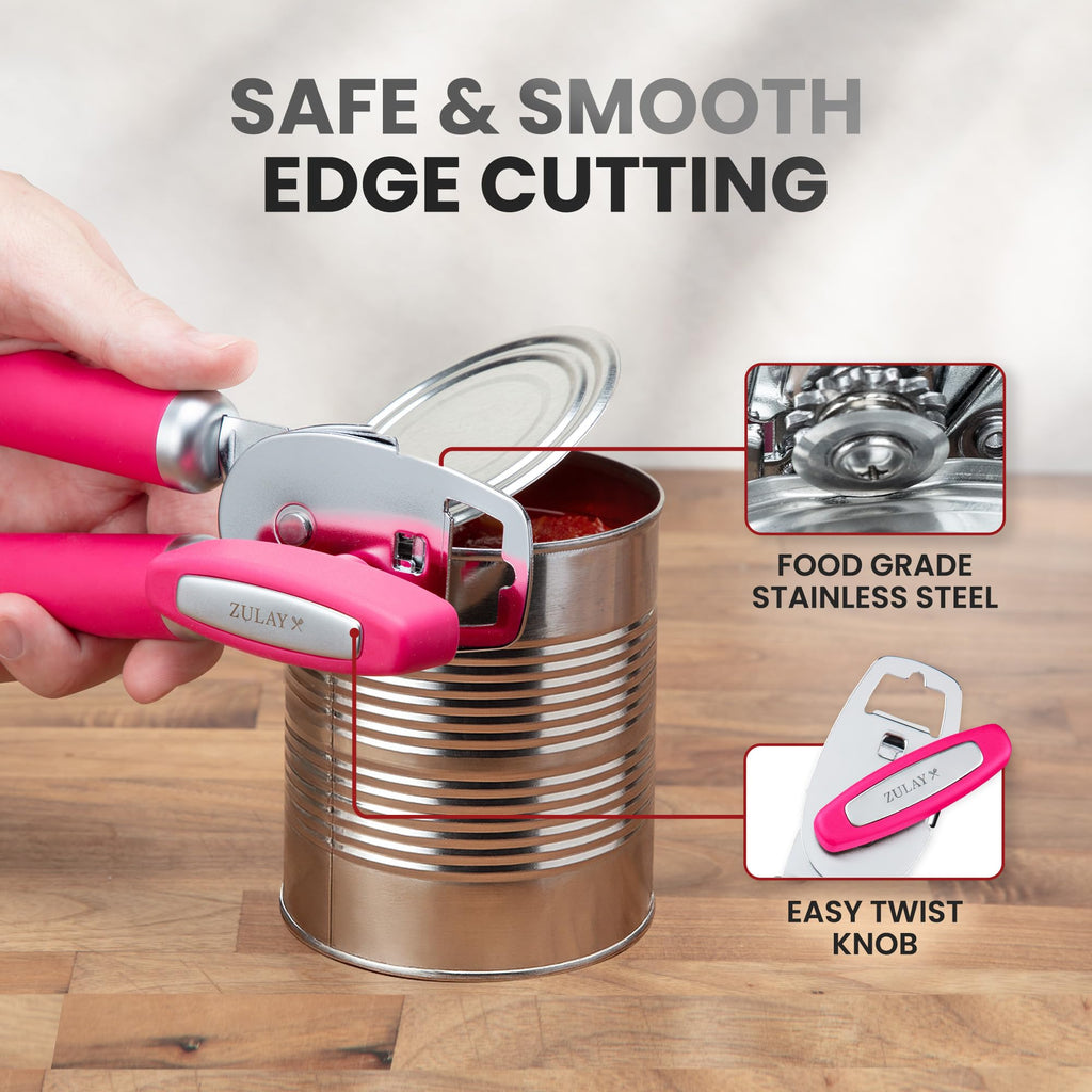 Zulay Kitchen COMFY™ Can Opener Manual with Bottle Opener - Rust Proof Stainless Steel Manual Can Opener With Turn Knob & Comfy Soft Grip Handles - Black
