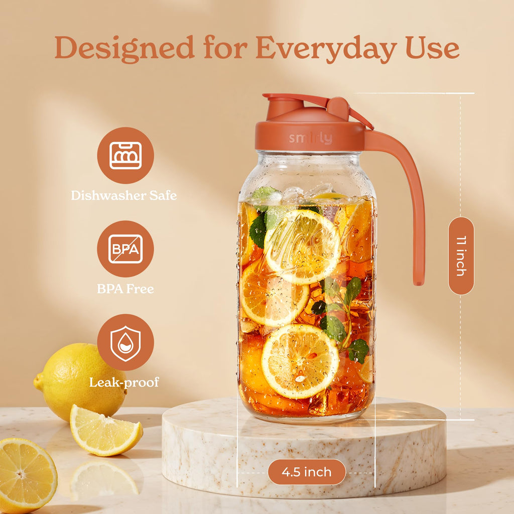 SMIRLY 64 oz Mason Jar Pitcher,Glass Pitcher with Wide Mouth,Water Jug with Double Leak Proof Lid for Iced Coffee,Hot Water,Breast Milk